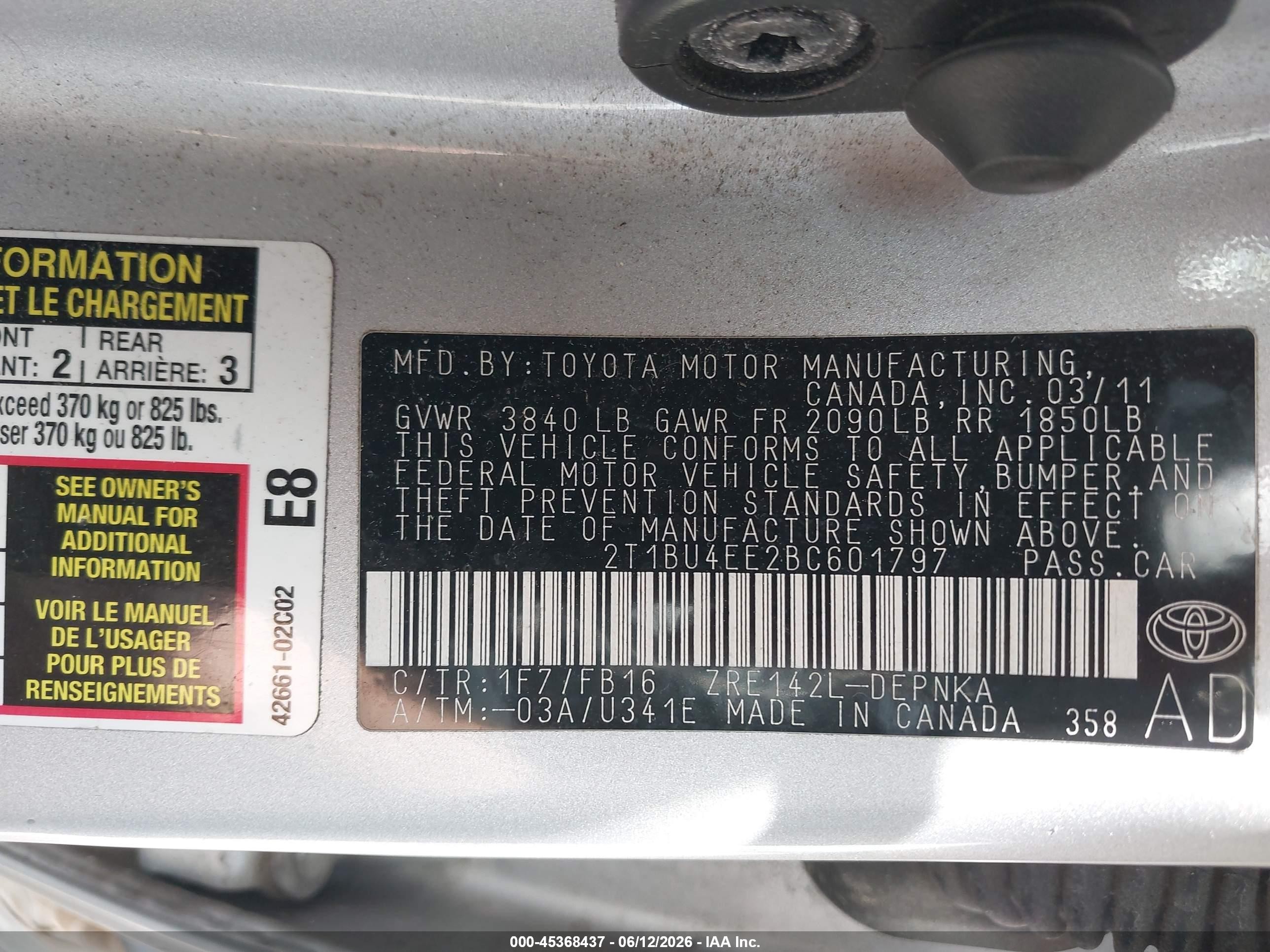 2011 Toyota Corolla Le Silver vin: 2T1BU4EE2BC601797