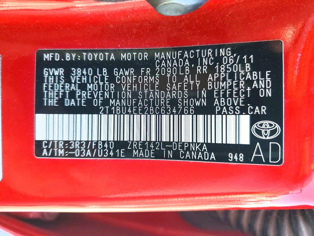 2011 Toyota Corolla Le Red vin: 2T1BU4EE2BC634766