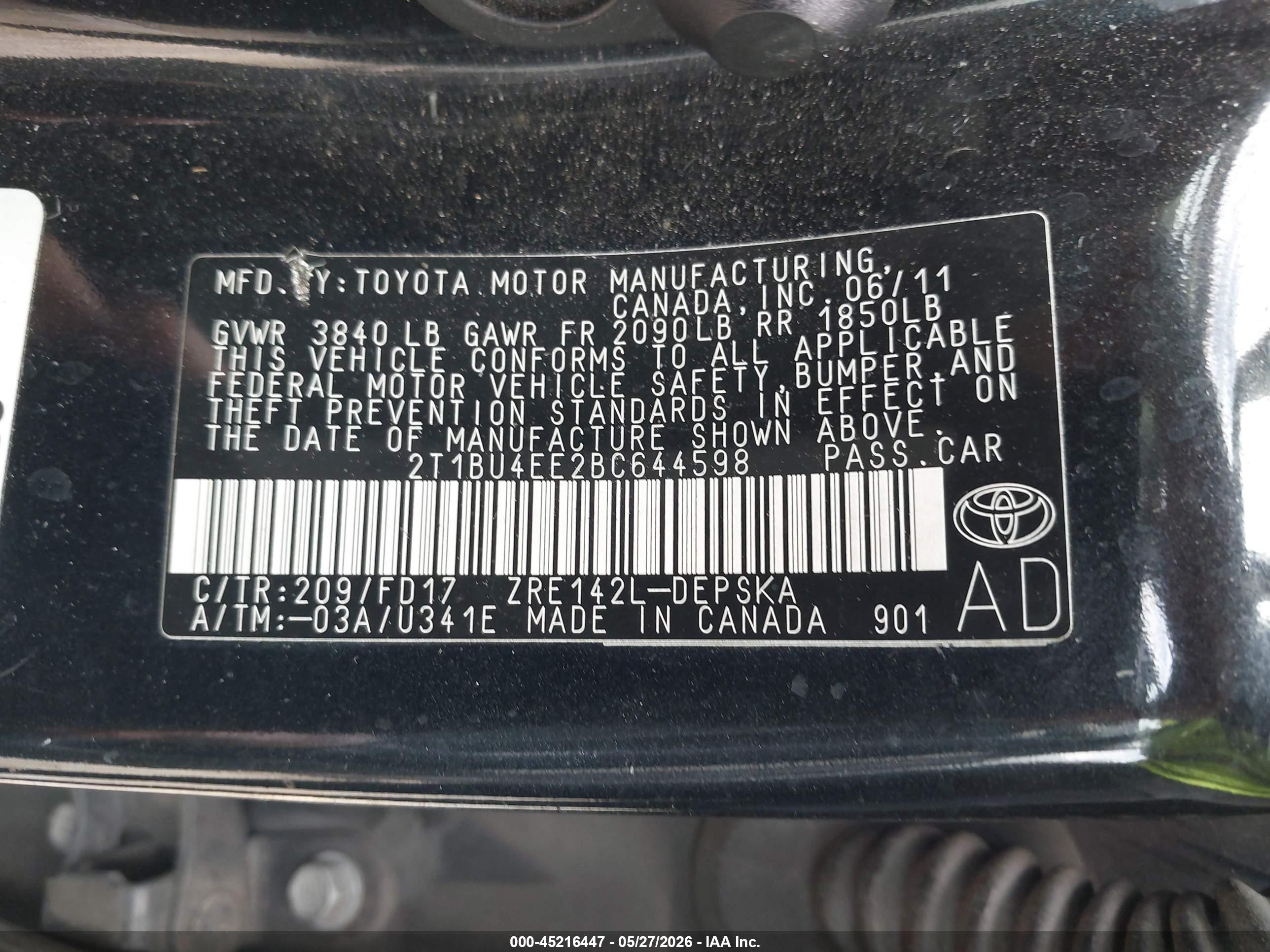 2011 Toyota Corolla S Black vin: 2T1BU4EE2BC644598