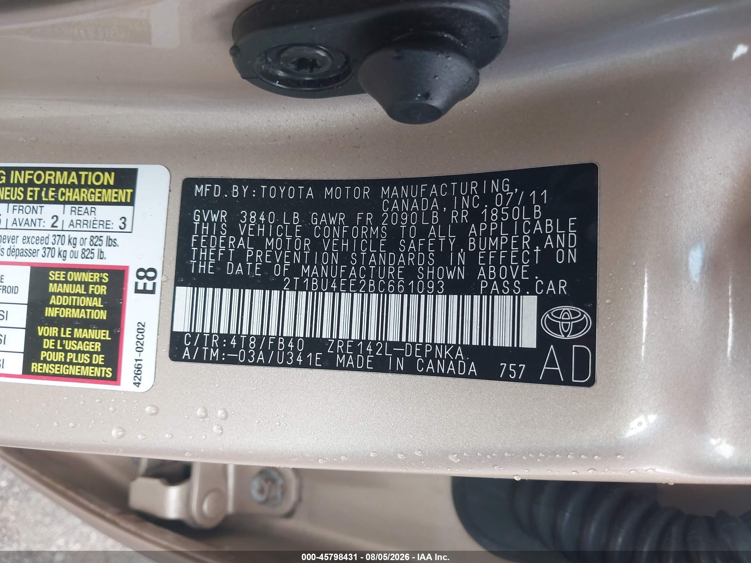 2011 Toyota Corolla Le Gold vin: 2T1BU4EE2BC661093