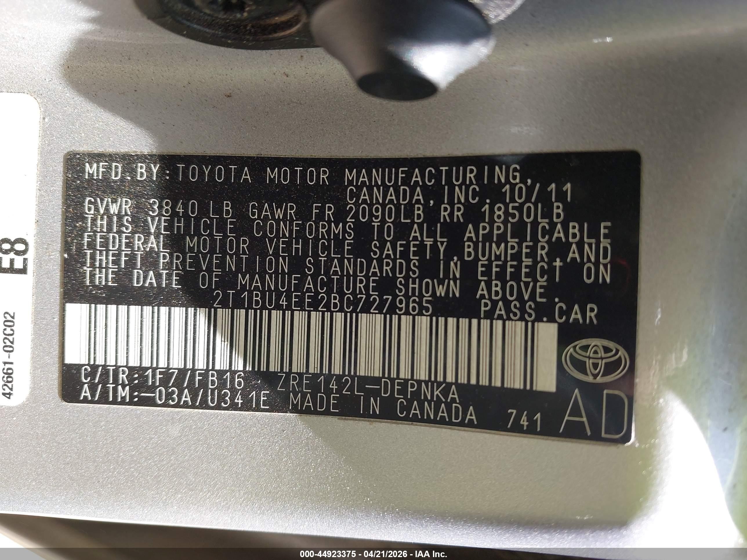2011 Toyota Corolla Le Silver vin: 2T1BU4EE2BC727965
