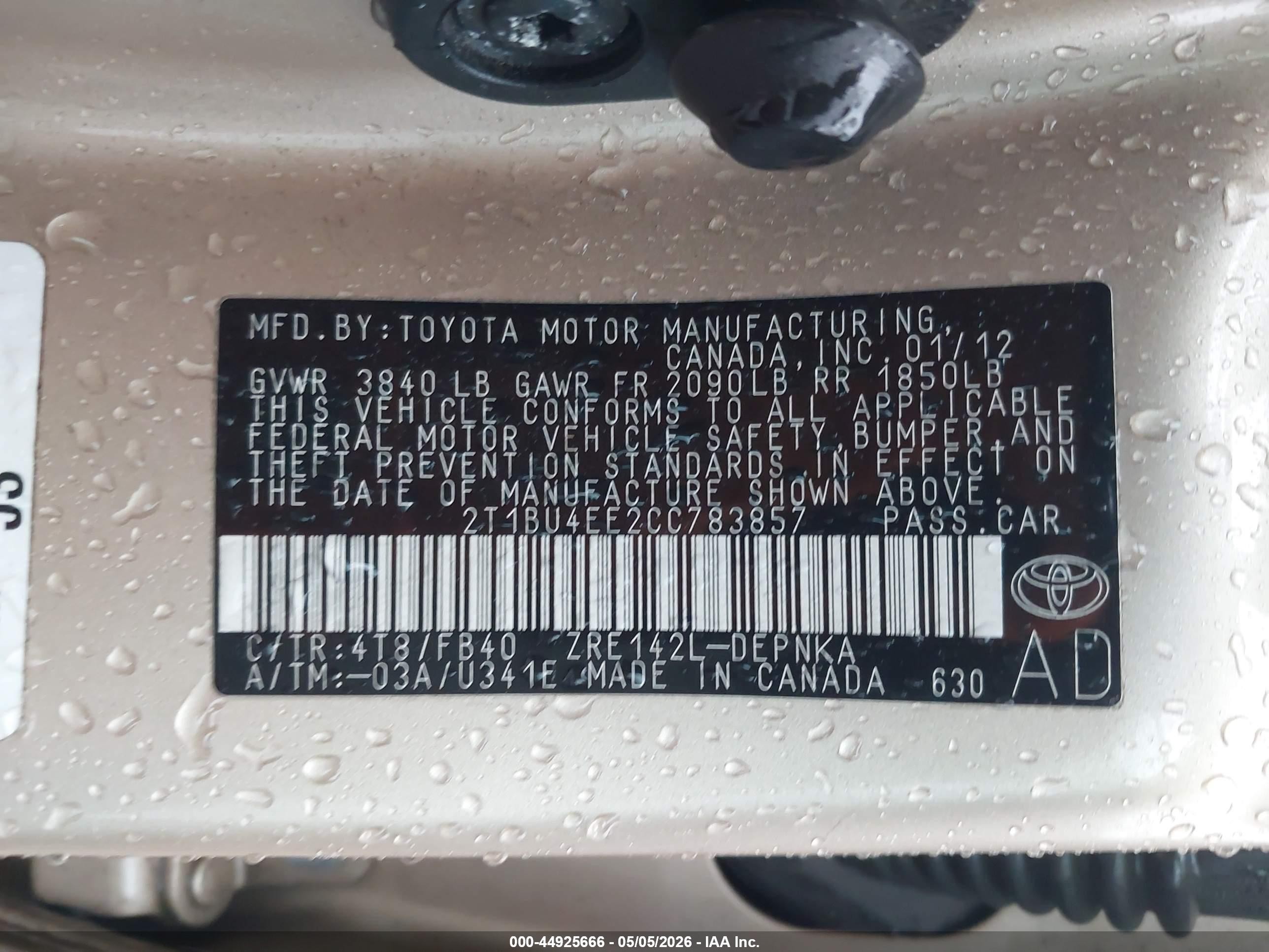 2012 Toyota Corolla Le Gold vin: 2T1BU4EE2CC783857