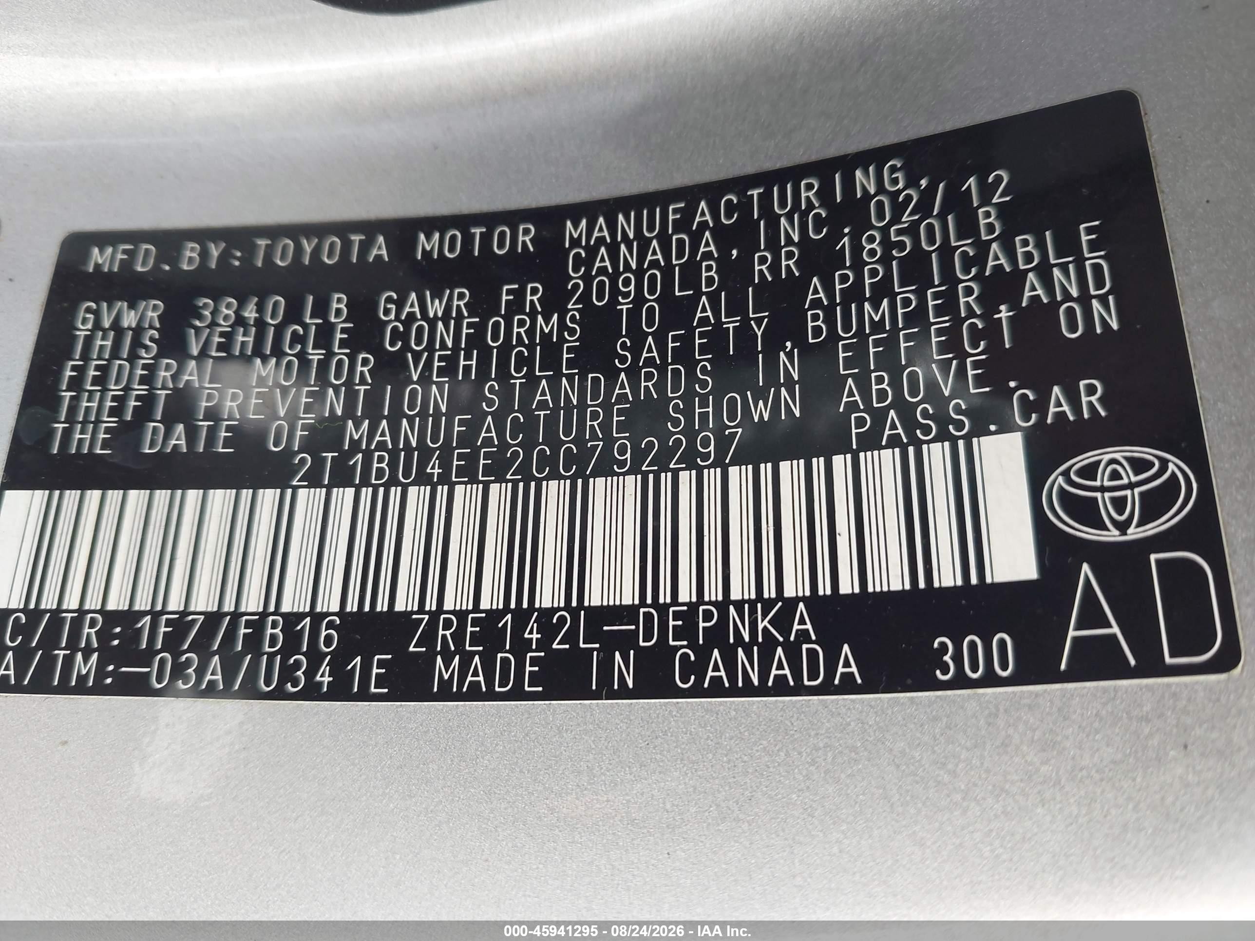 2012 Toyota Corolla Le Silver vin: 2T1BU4EE2CC792297