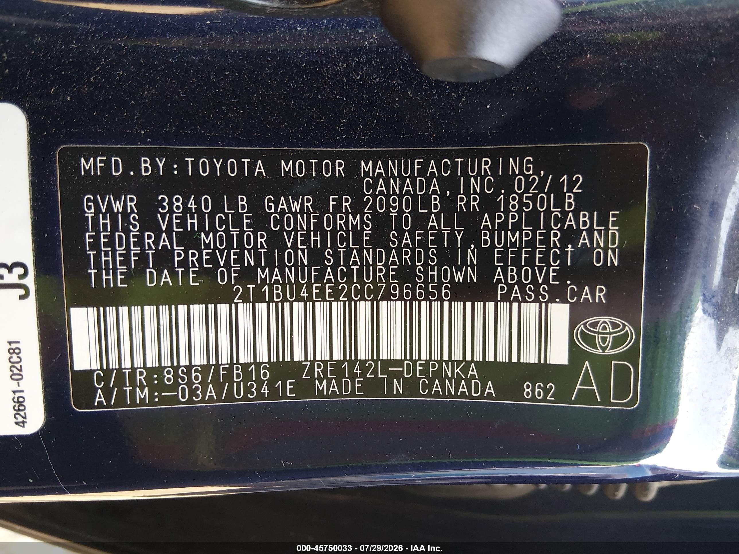 2012 Toyota Corolla Le Blue vin: 2T1BU4EE2CC796656