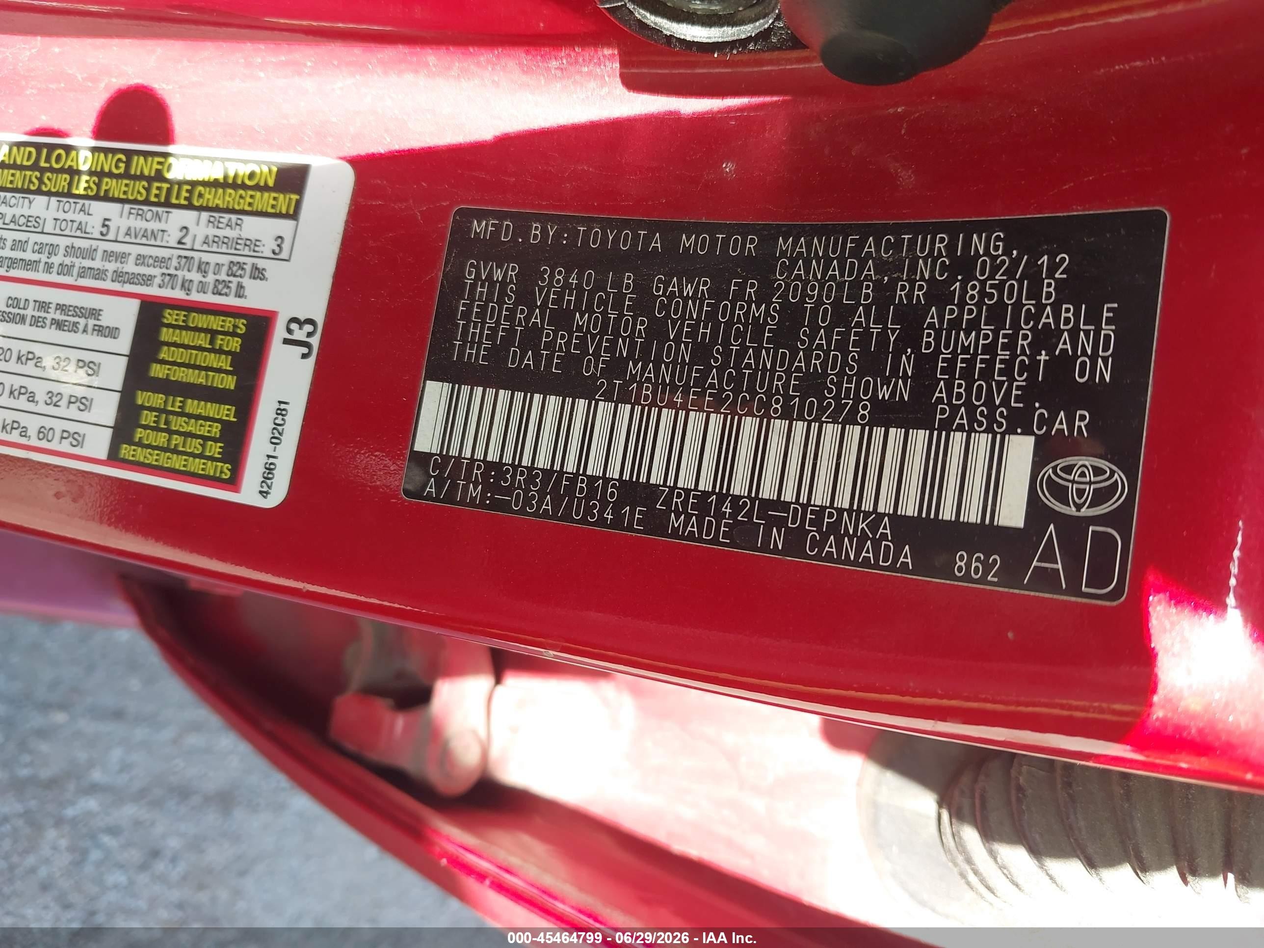 2012 Toyota Corolla Le Red vin: 2T1BU4EE2CC810278