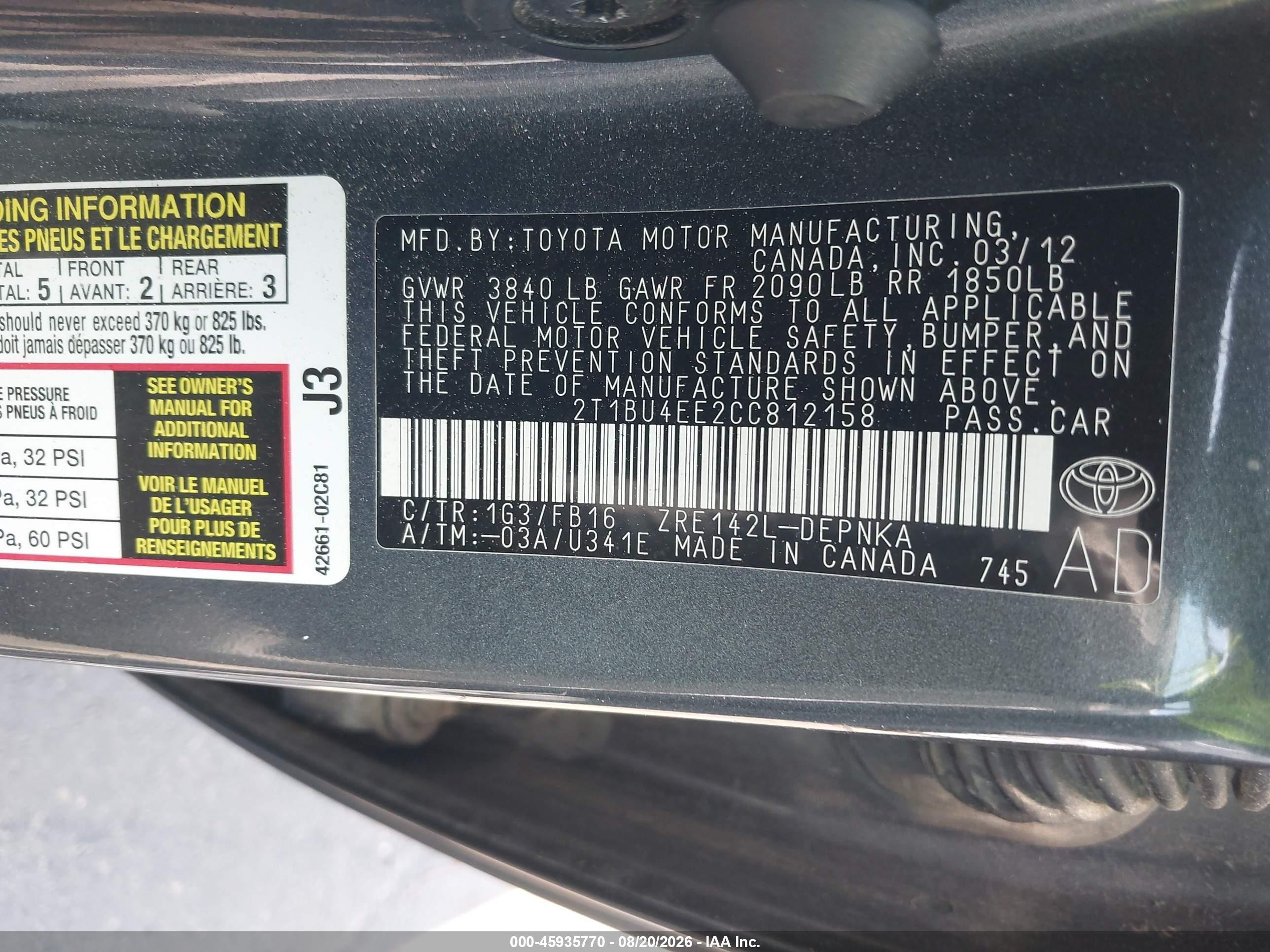 2012 Toyota Corolla Le Silver vin: 2T1BU4EE2CC812158