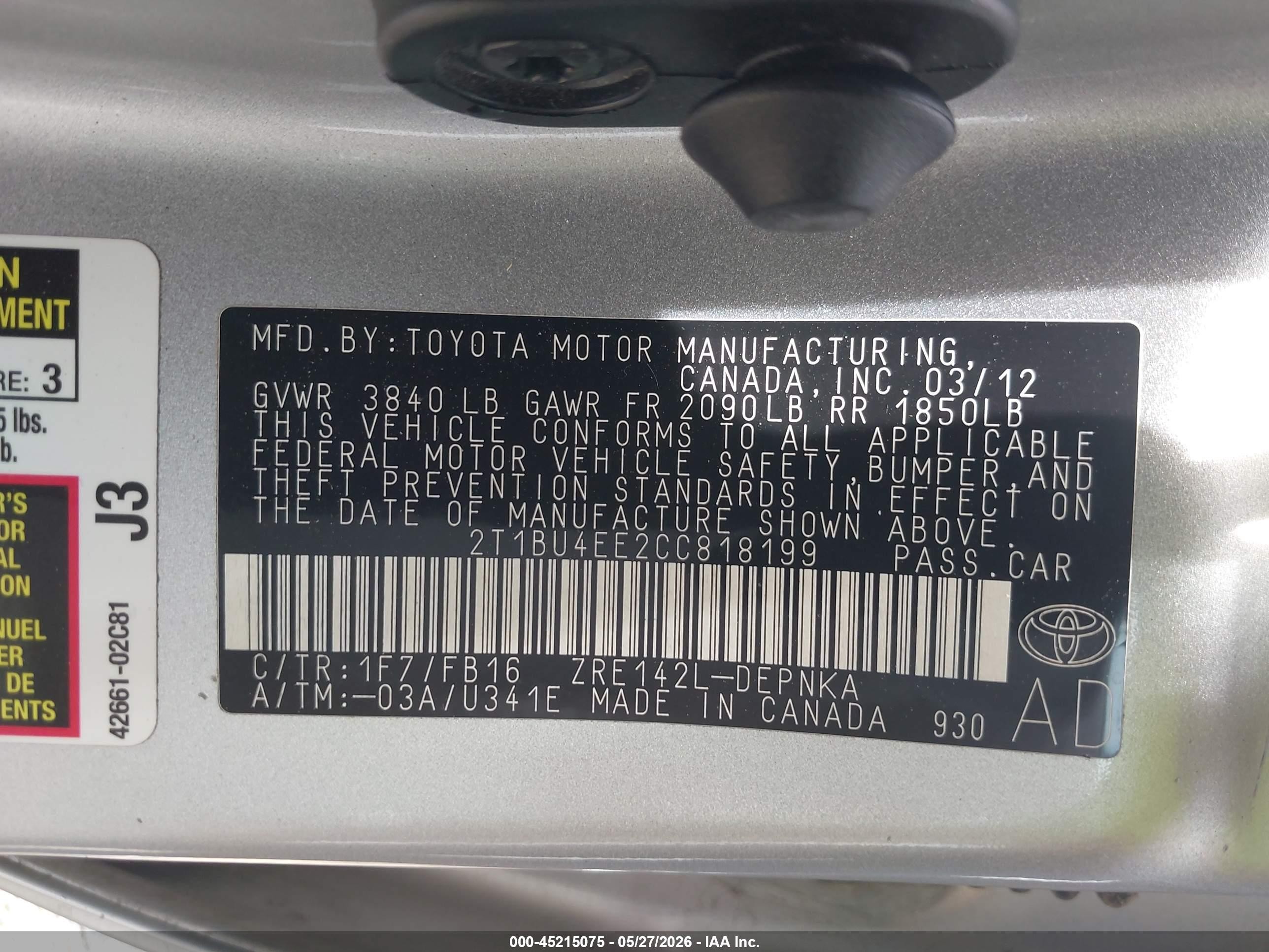 2012 Toyota Corolla Le Silver vin: 2T1BU4EE2CC818199