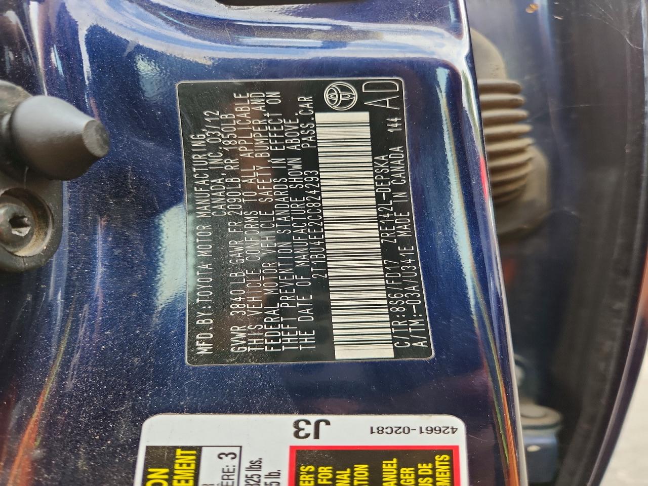 2012 Toyota Corolla S Blue vin: 2T1BU4EE2CC824293