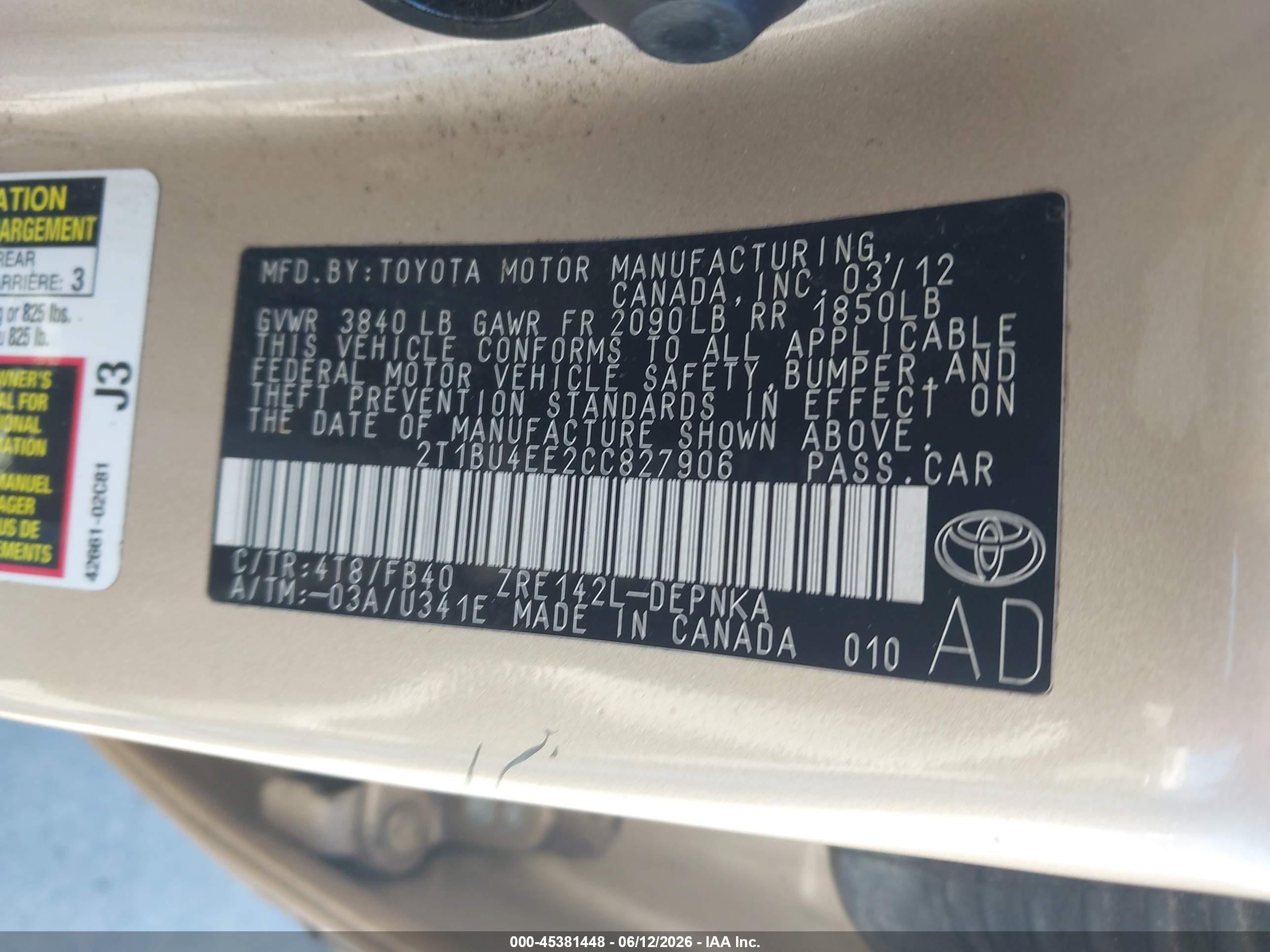 2012 Toyota Corolla Le Beige vin: 2T1BU4EE2CC827906