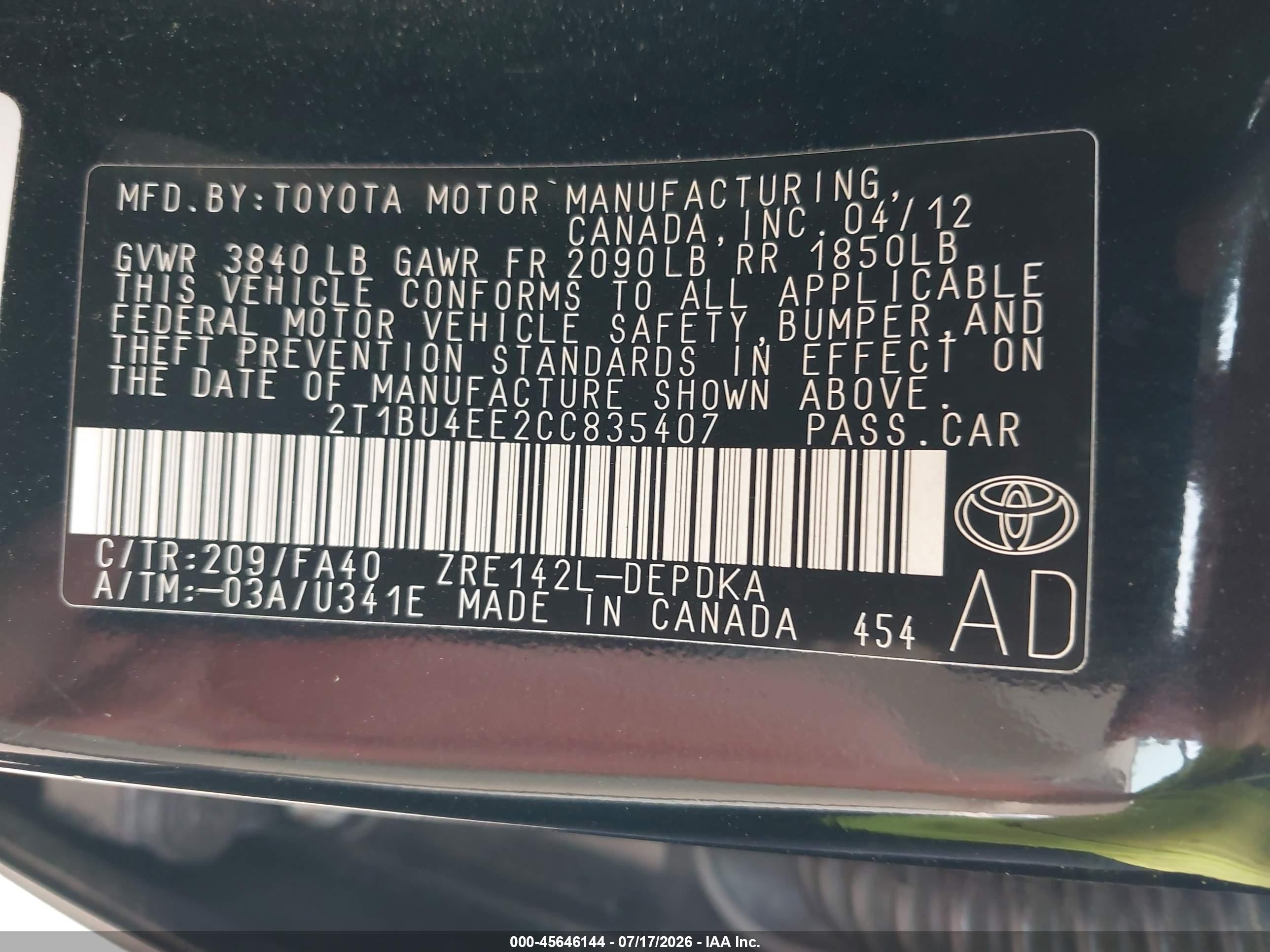 2012 Toyota Corolla L Black vin: 2T1BU4EE2CC835407