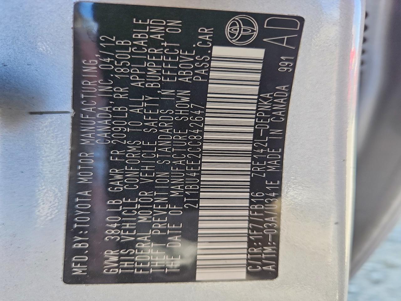 2012 Toyota Corolla Le Silver vin: 2T1BU4EE2CC842647