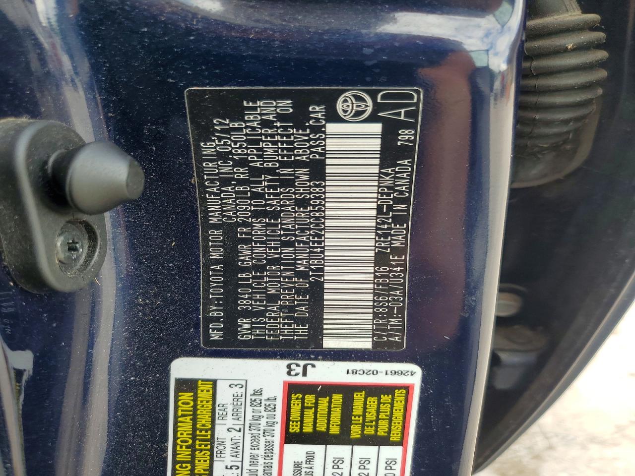 2012 Toyota Corolla Le Blue vin: 2T1BU4EE2CC859383