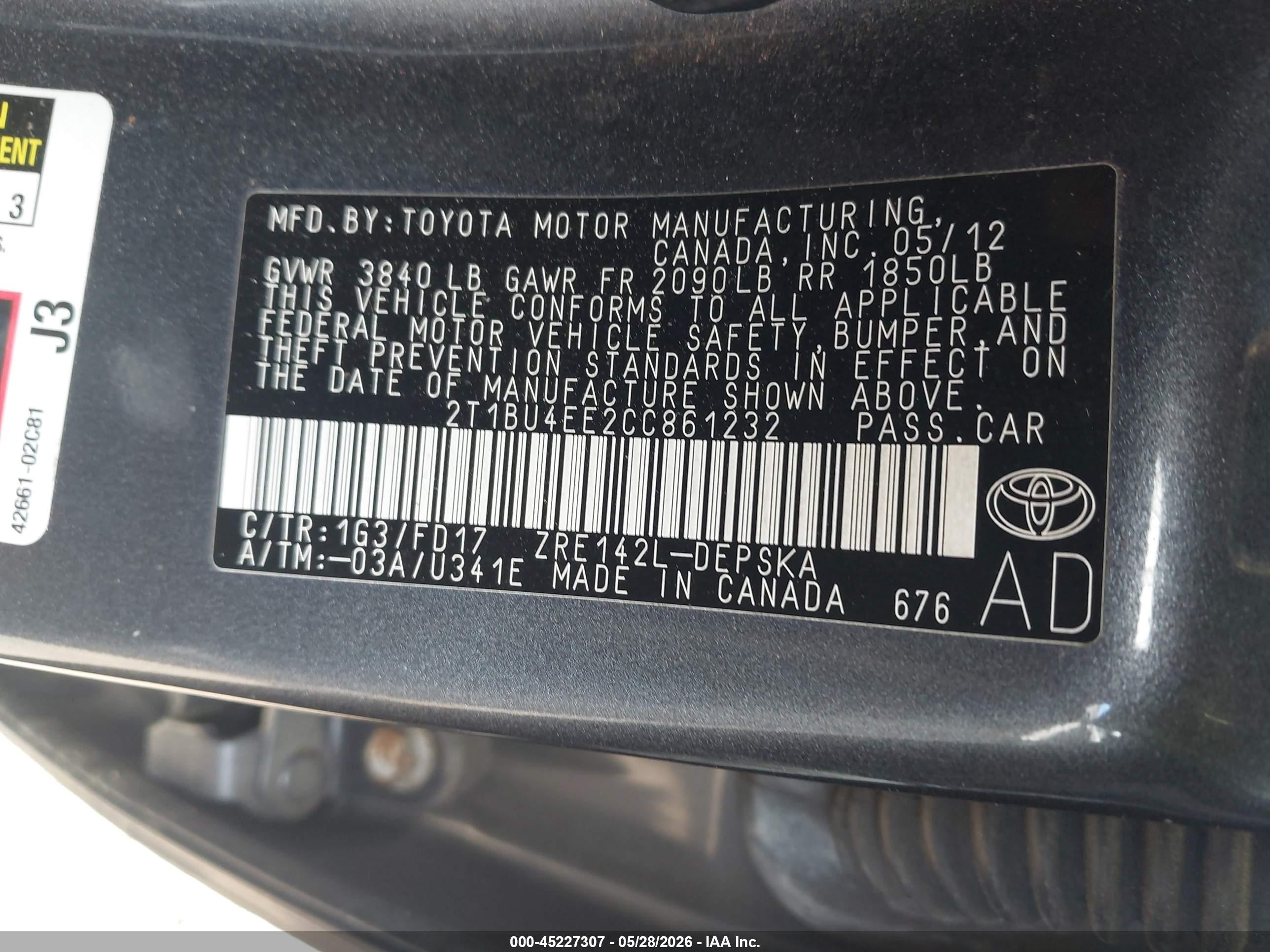 2012 Toyota Corolla S Gray vin: 2T1BU4EE2CC861232