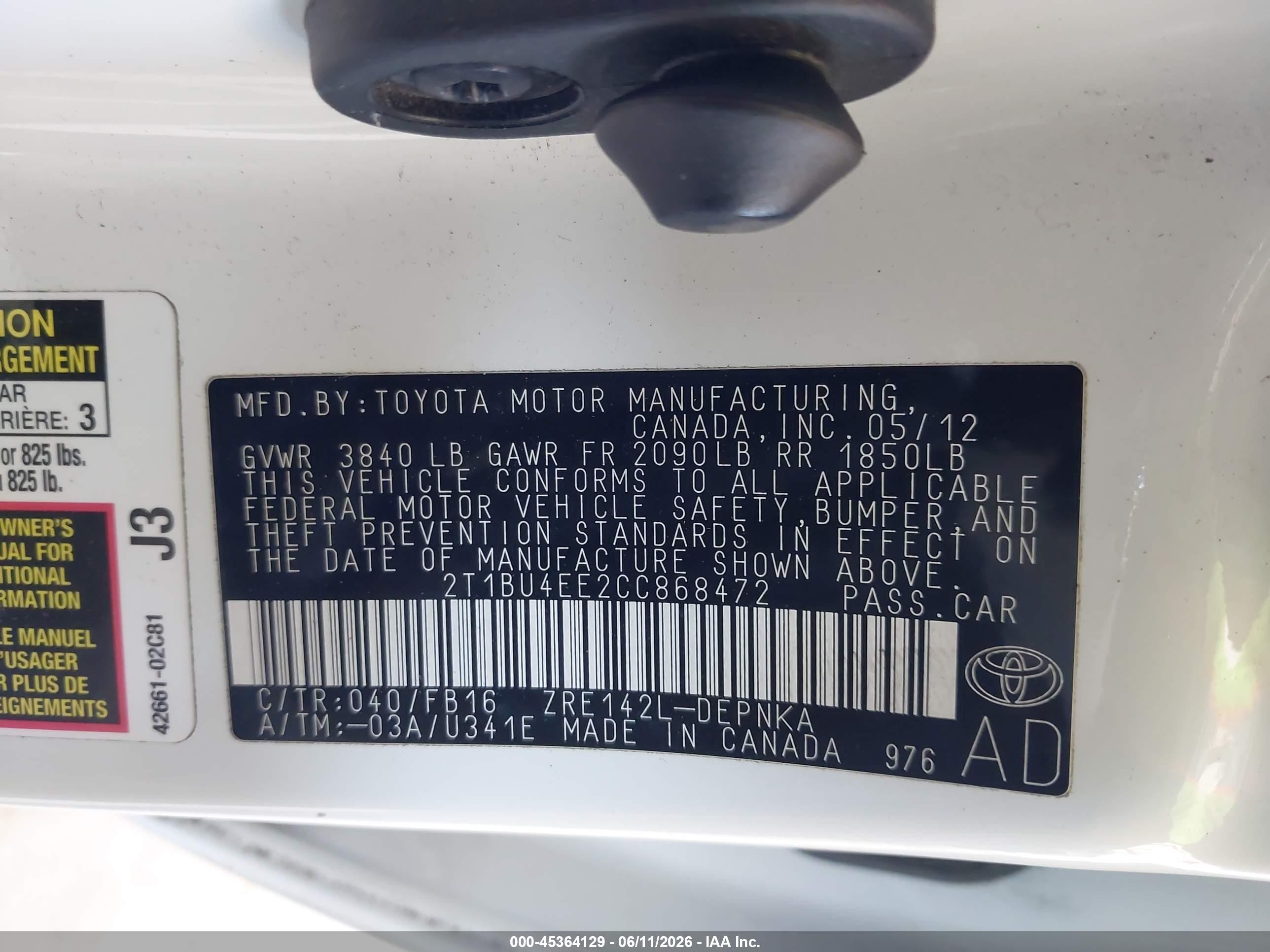 2012 Toyota Corolla Le White vin: 2T1BU4EE2CC868472