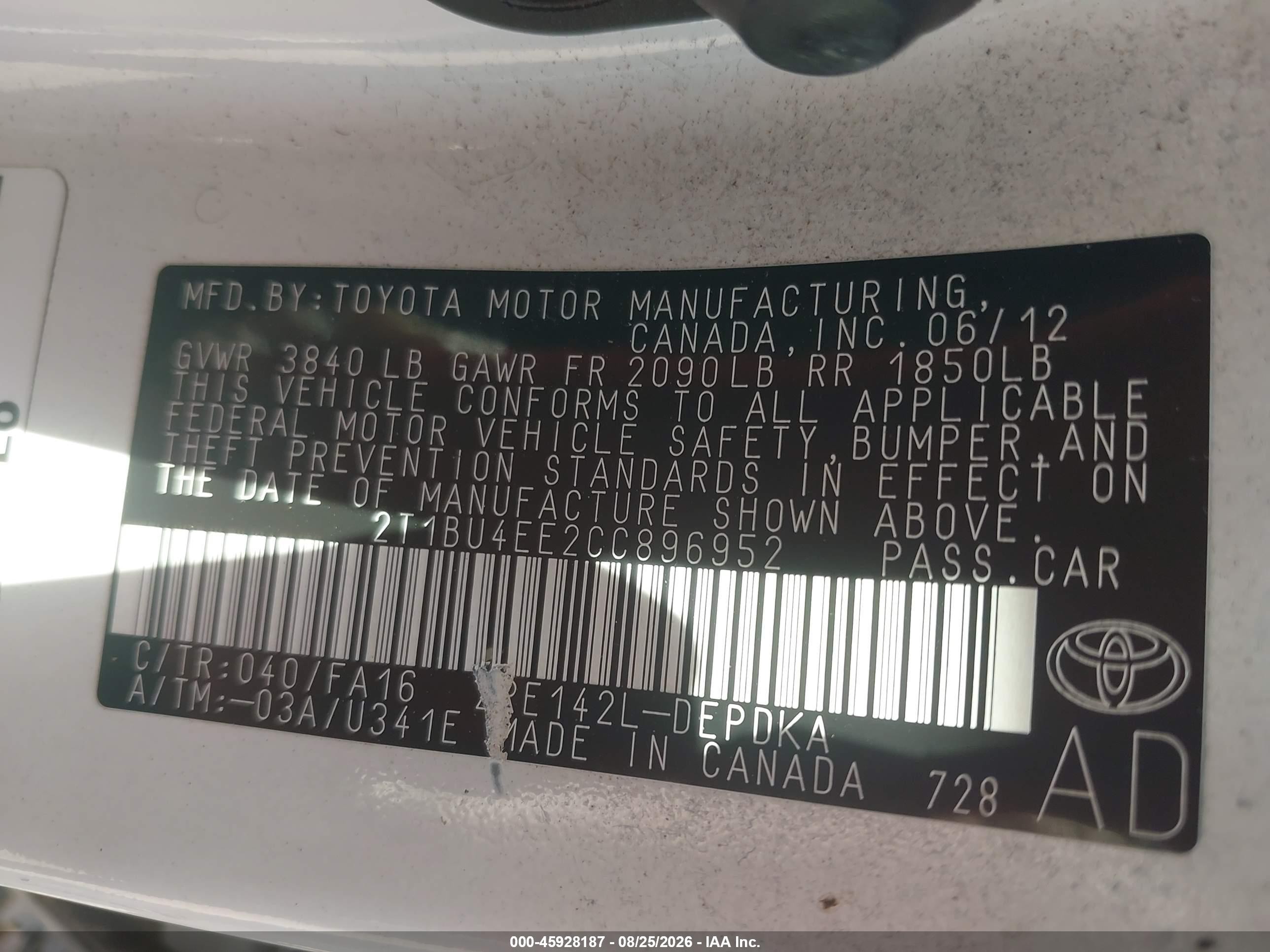 2012 Toyota Corolla L White vin: 2T1BU4EE2CC896952