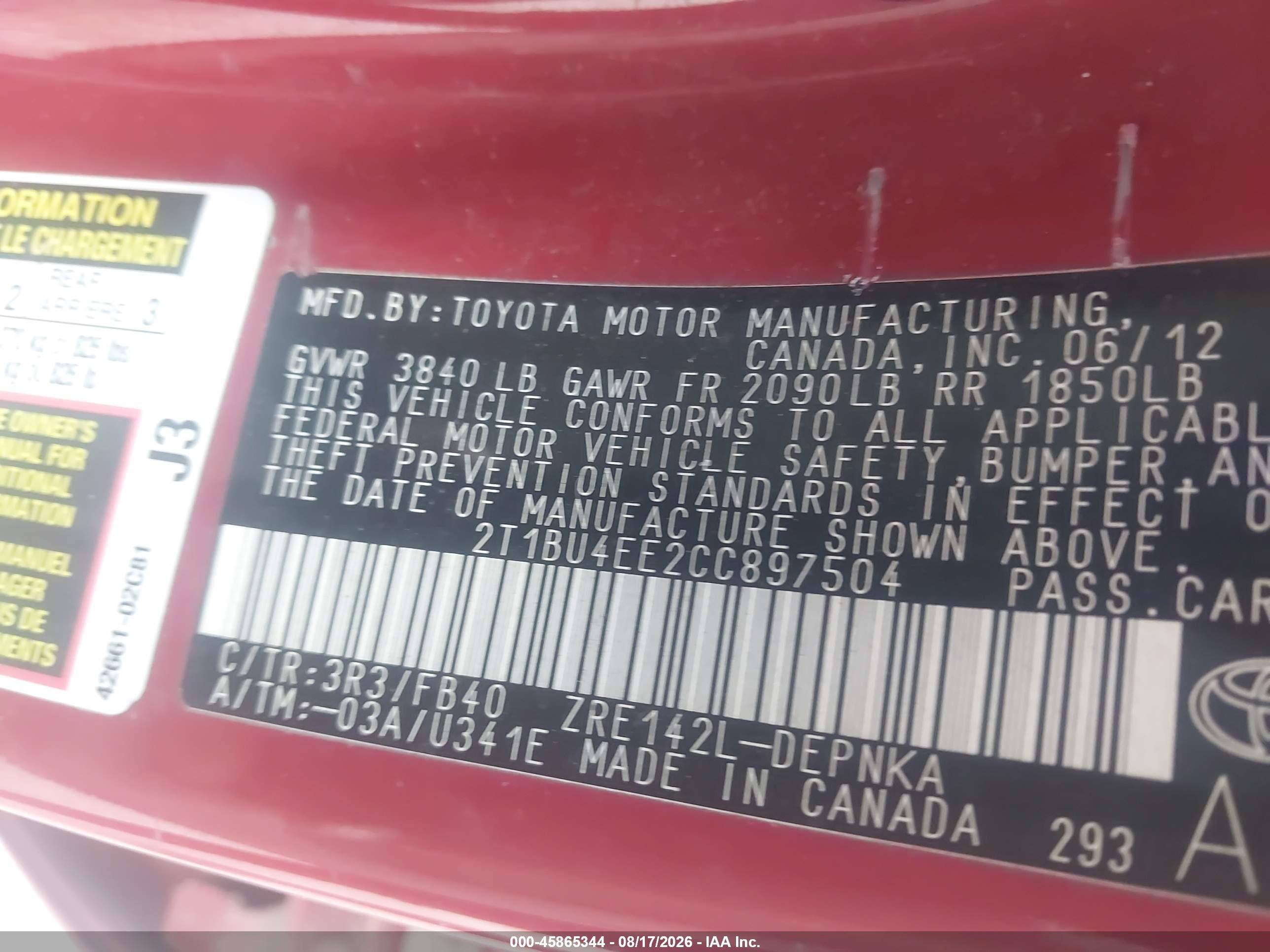 2012 Toyota Corolla Le Red vin: 2T1BU4EE2CC897504