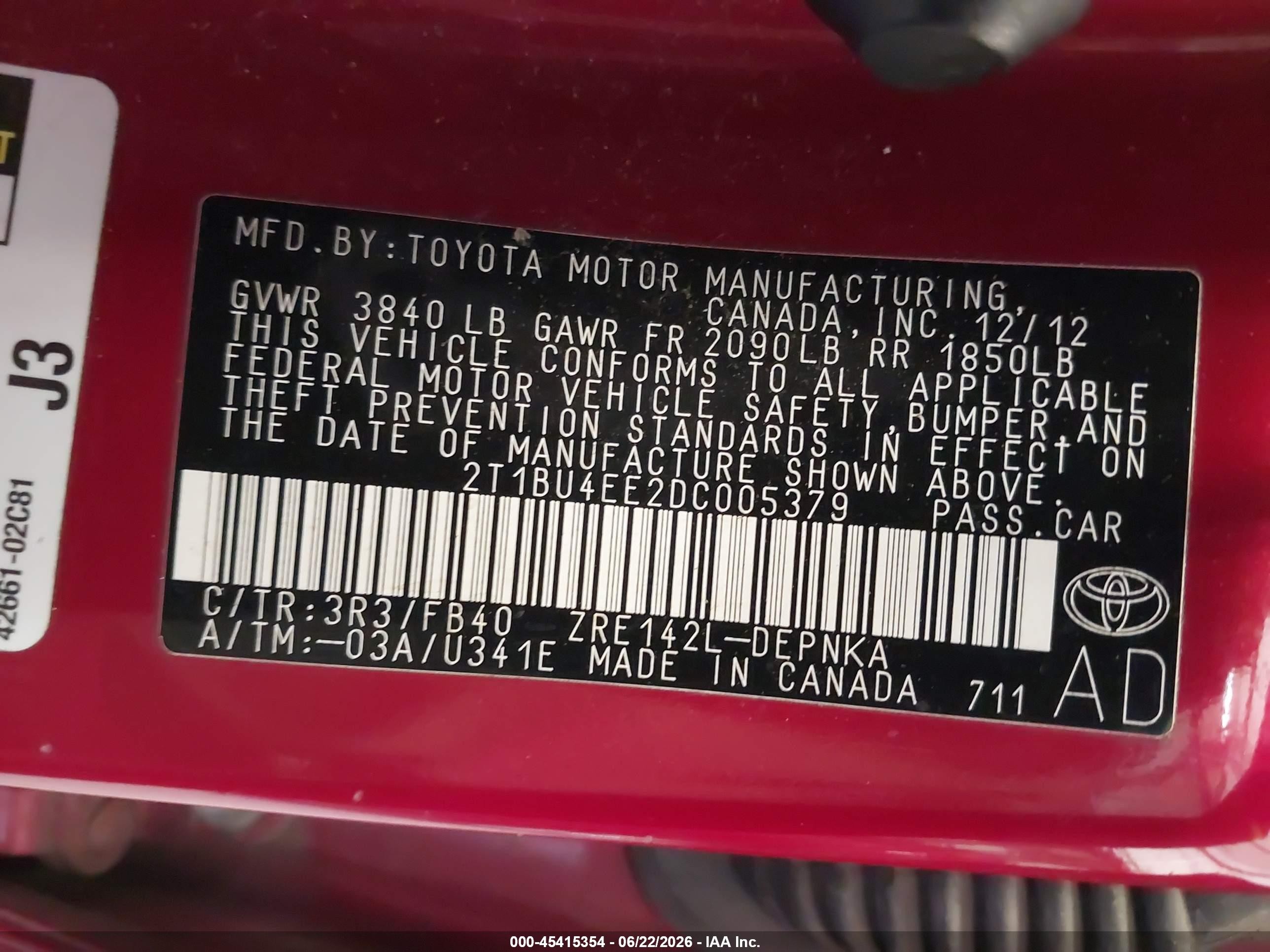 2013 Toyota Corolla Le Red vin: 2T1BU4EE2DC005379