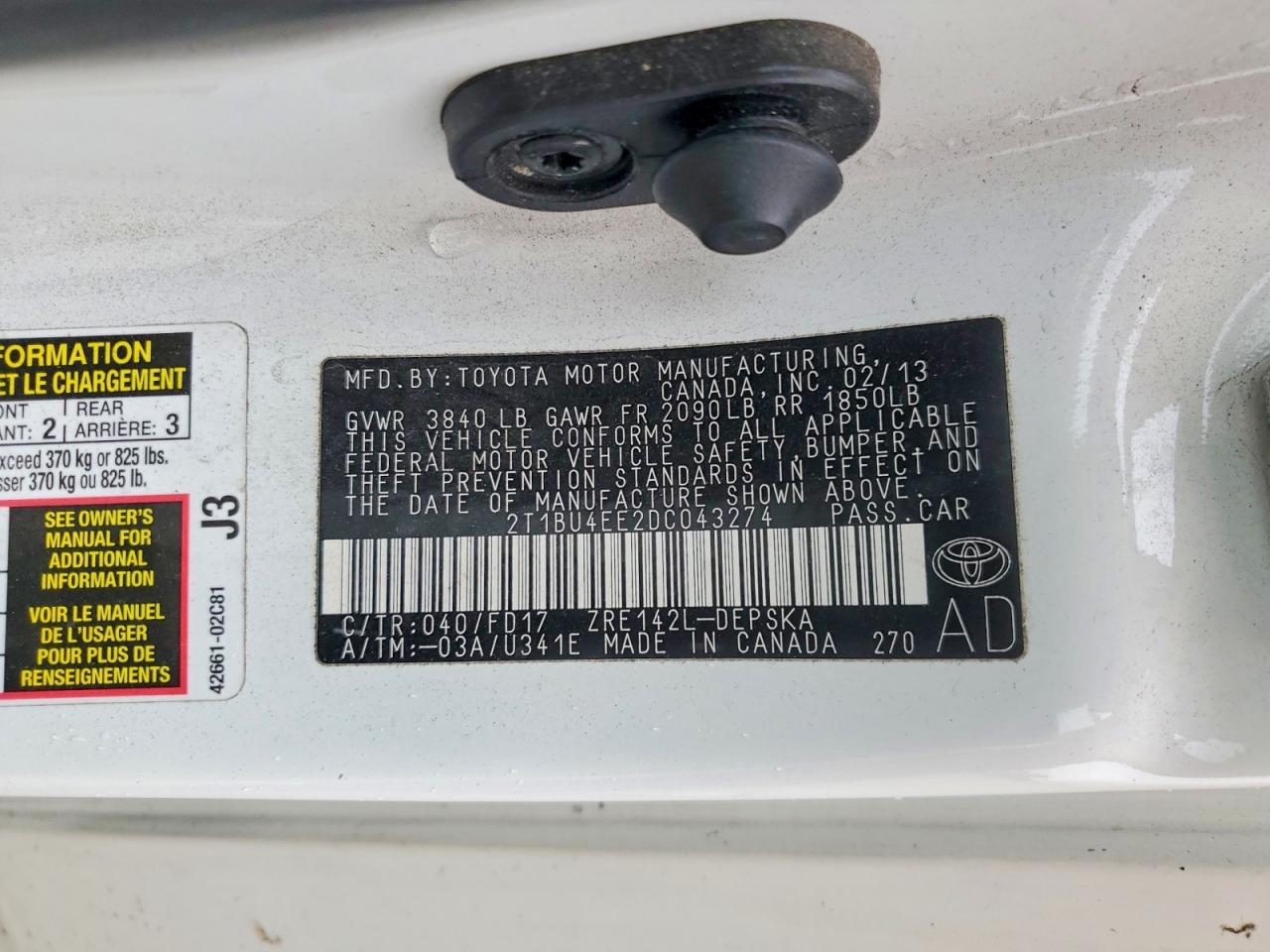 2013 Toyota Corolla S White vin: 2T1BU4EE2DC043274