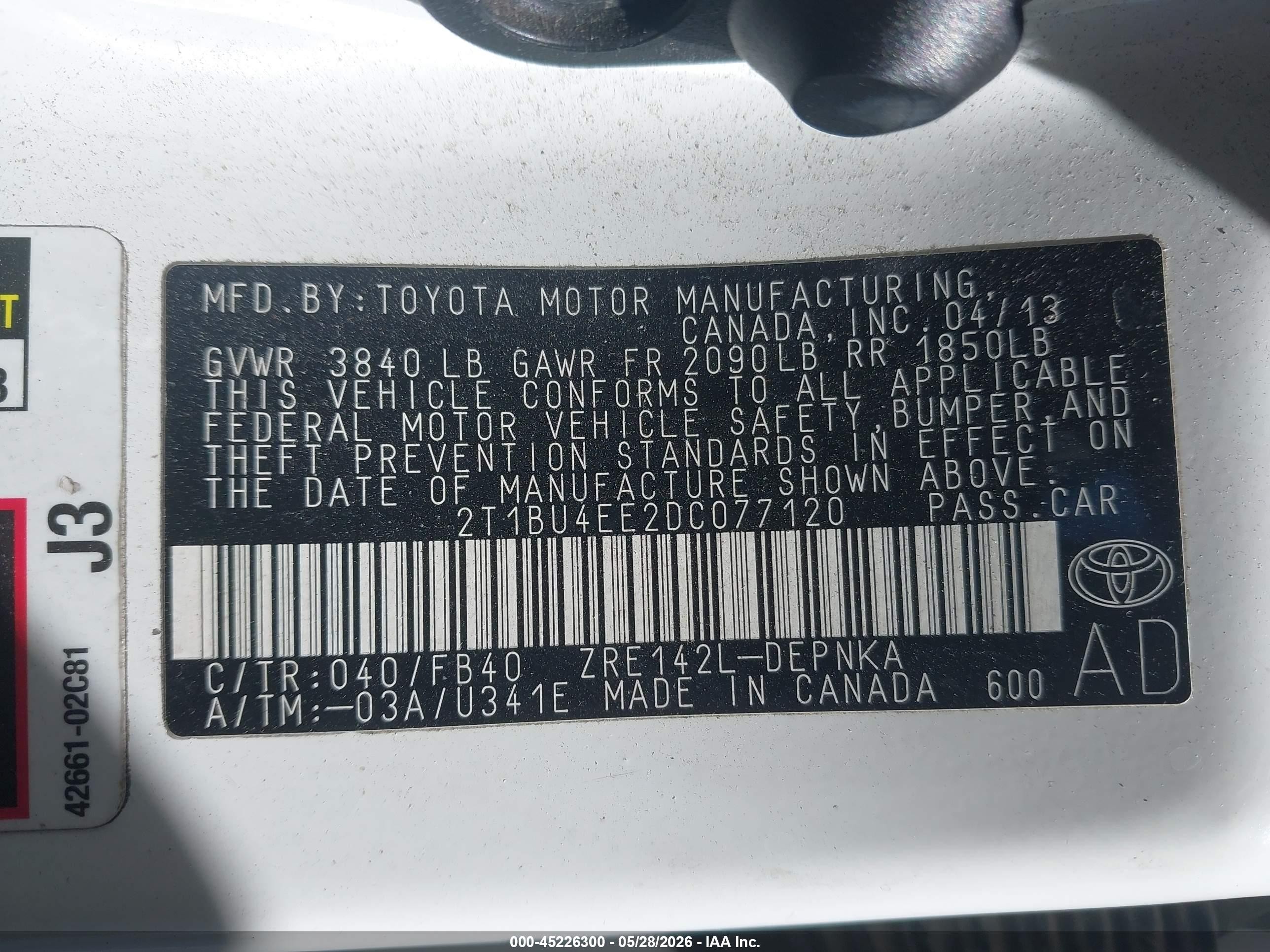 2013 Toyota Corolla Le White vin: 2T1BU4EE2DC077120