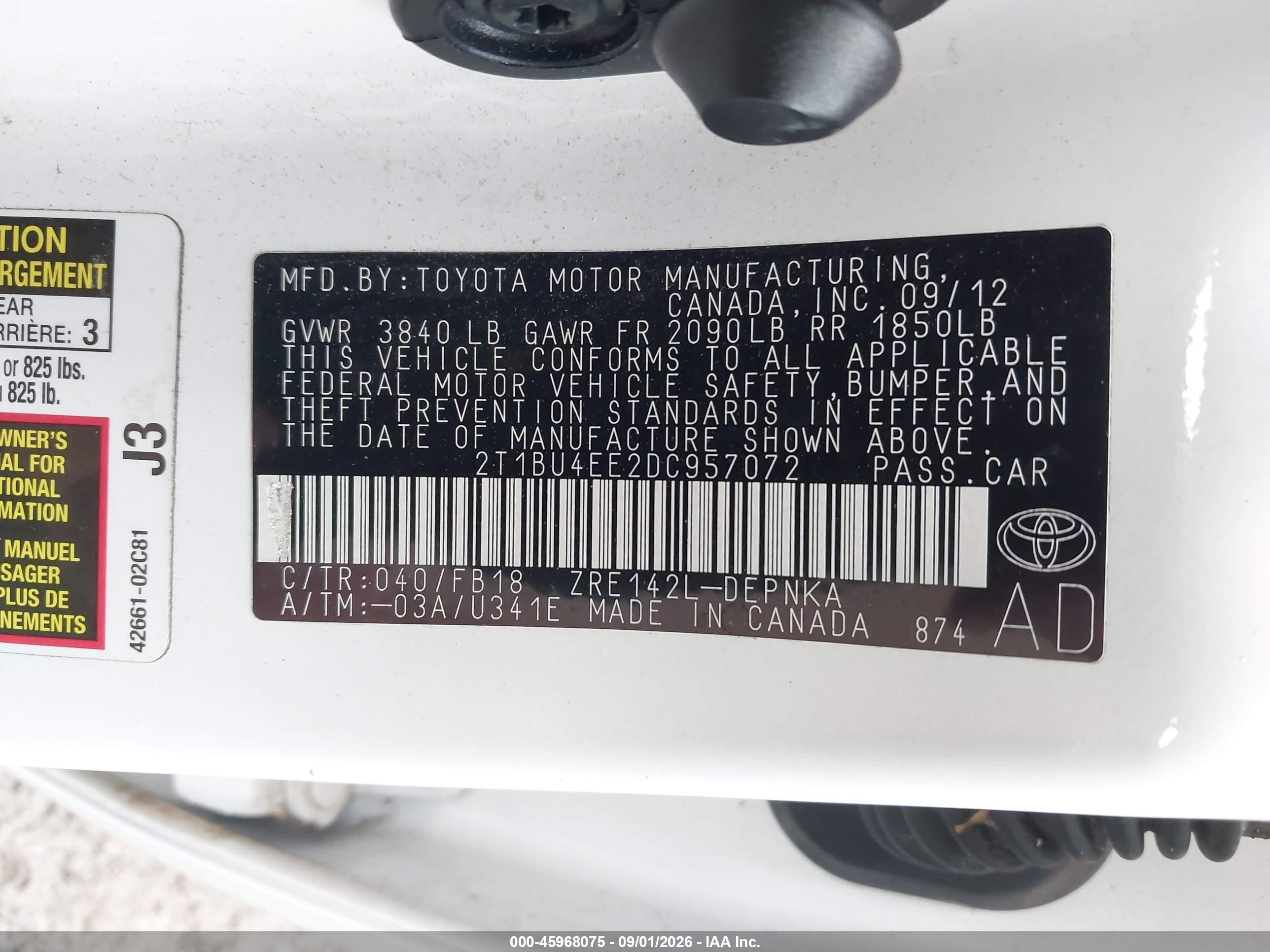 2013 Toyota Corolla Le White vin: 2T1BU4EE2DC957072