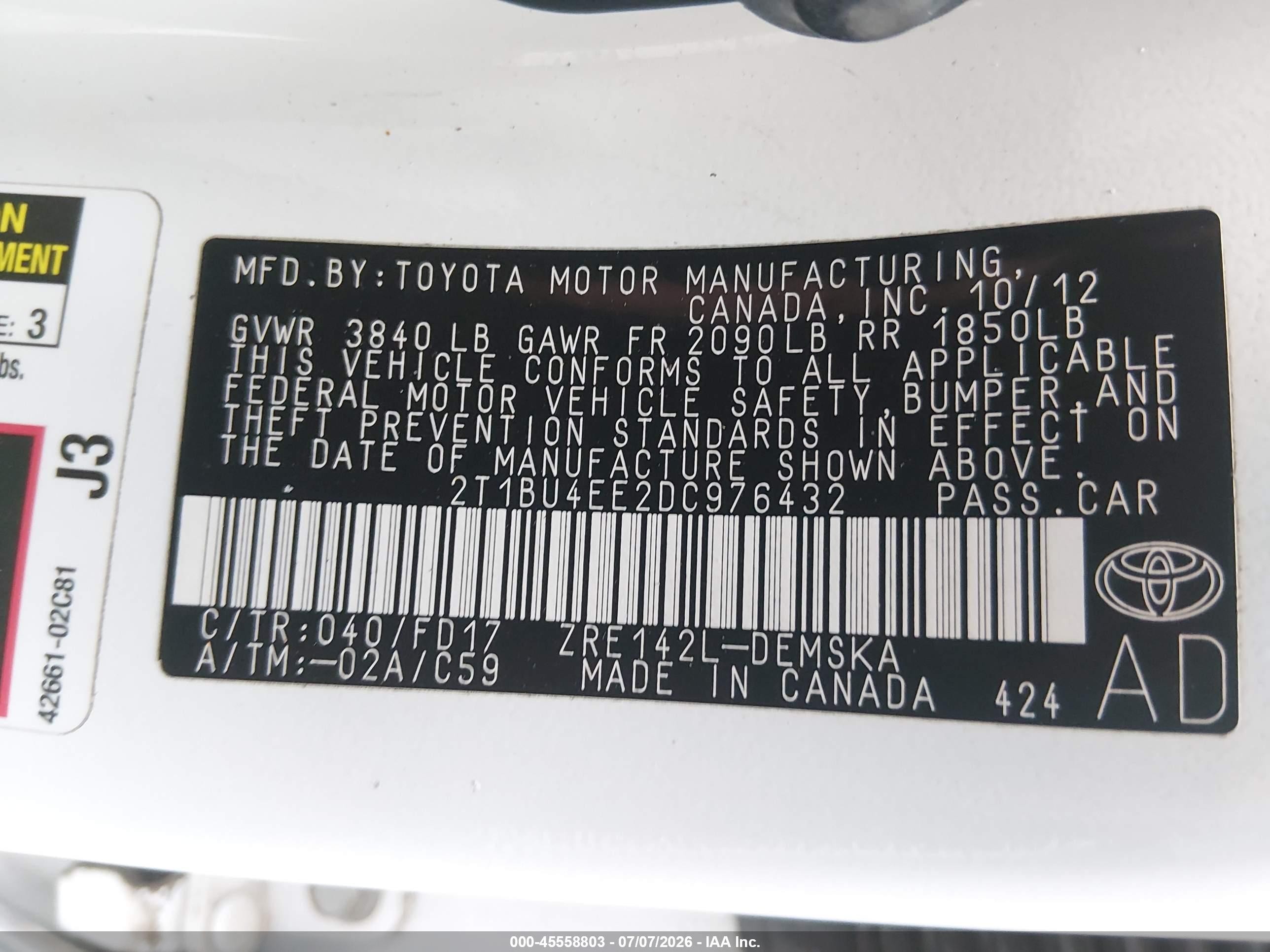 2013 Toyota Corolla S White vin: 2T1BU4EE2DC976432