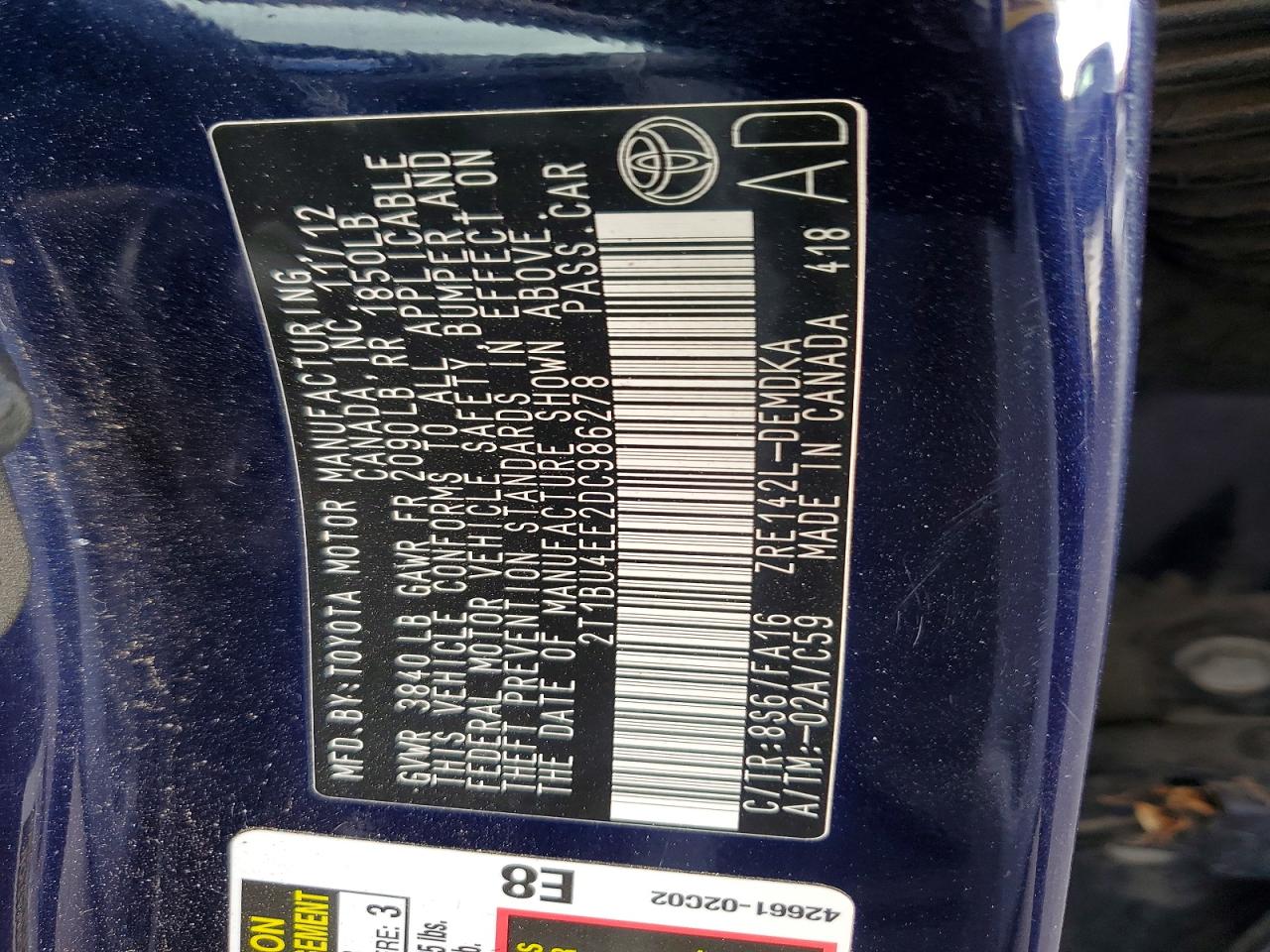 2013 Toyota Corolla Base Blue vin: 2T1BU4EE2DC986278