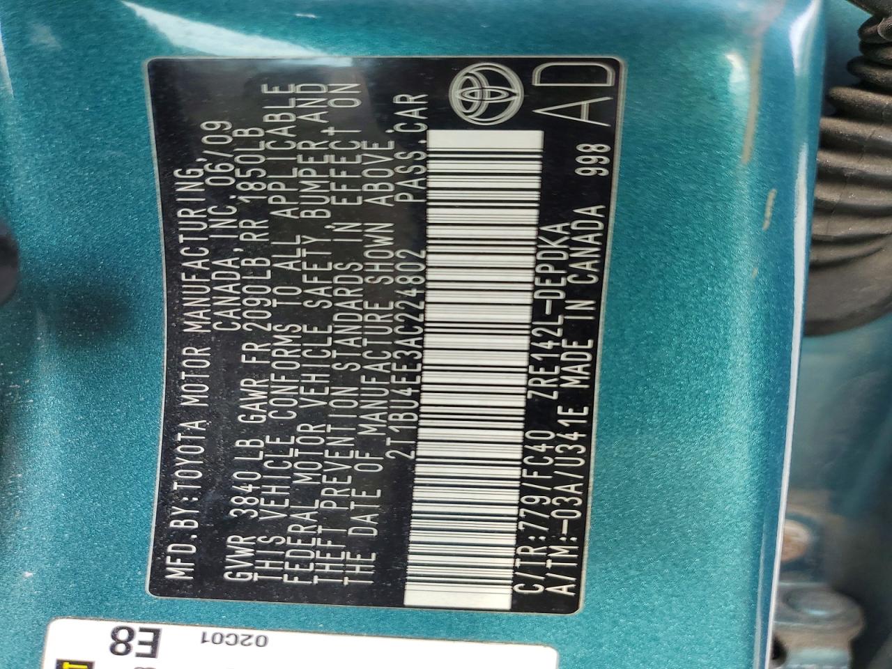 2010 Toyota Corolla Le Teal vin: 2T1BU4EE3AC224802