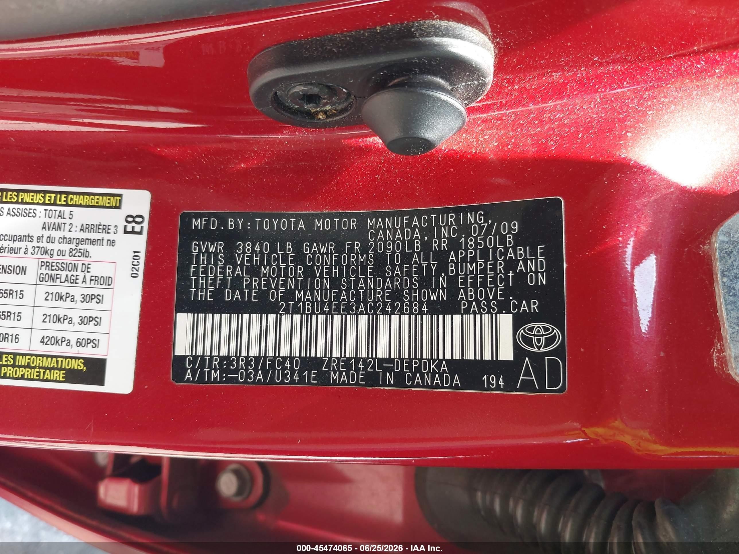 2010 Toyota Corolla Le Red vin: 2T1BU4EE3AC242684