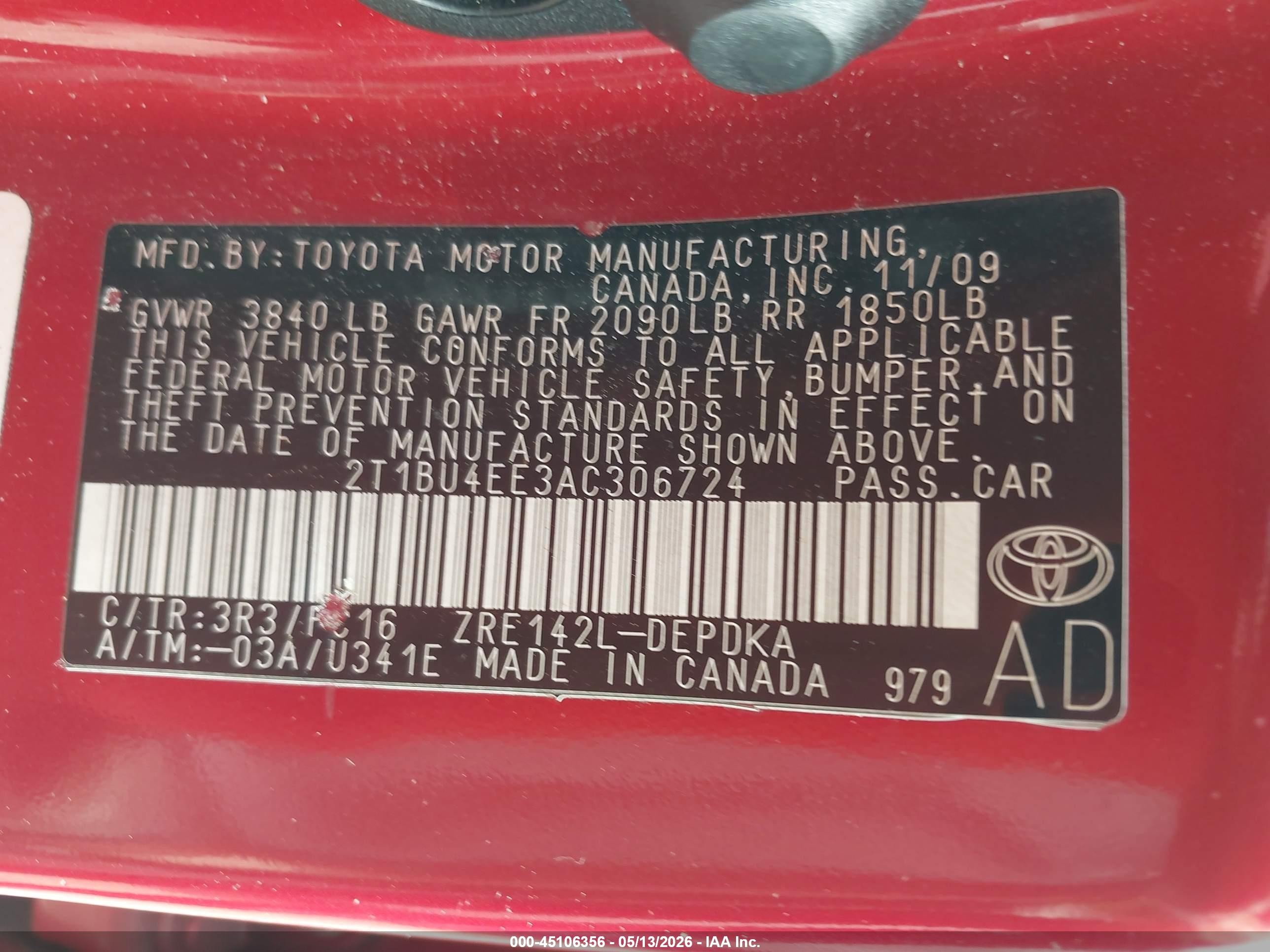 2010 Toyota Corolla Le Red vin: 2T1BU4EE3AC306724