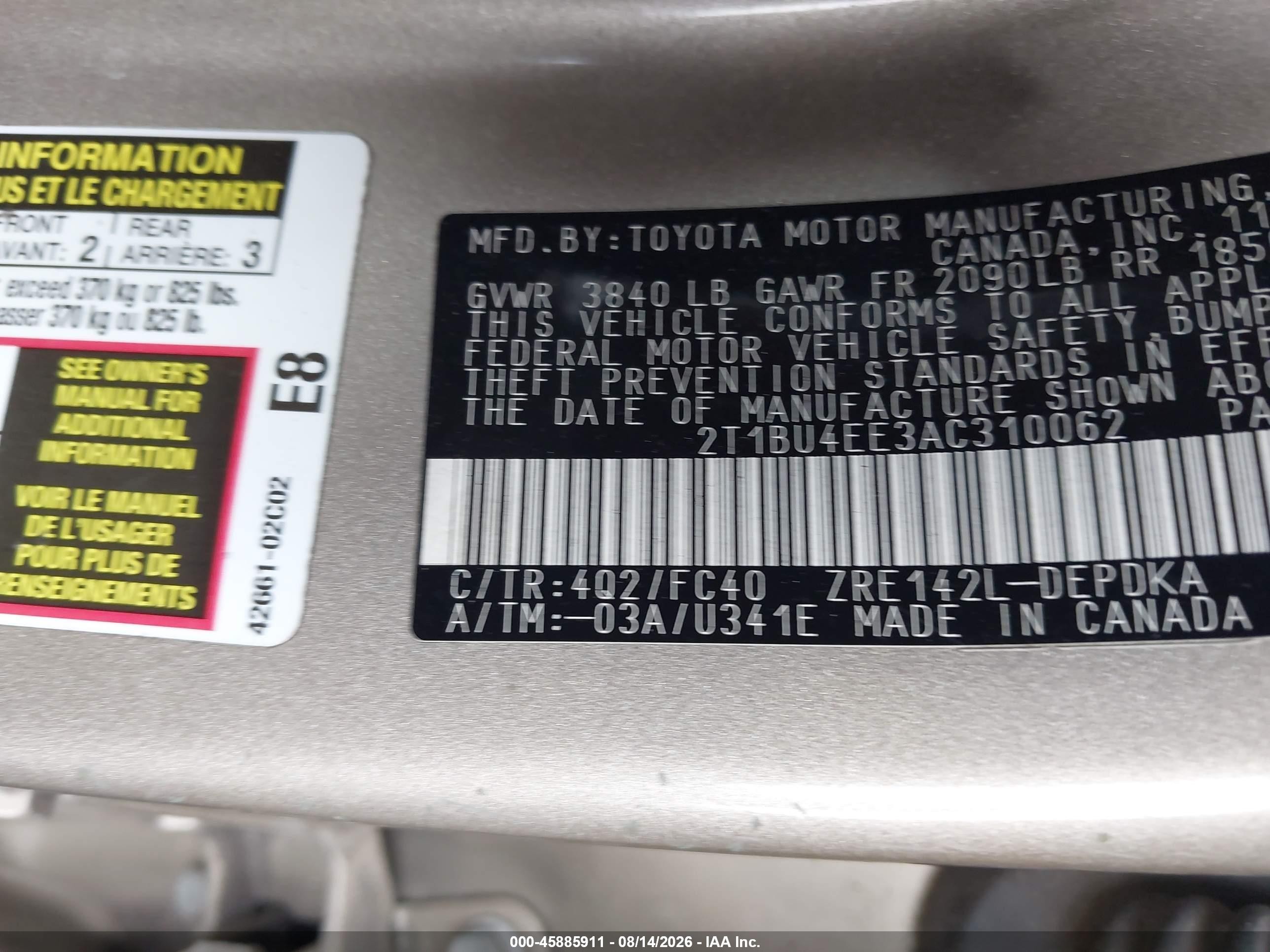 2010 Toyota Corolla Le Gold vin: 2T1BU4EE3AC310062