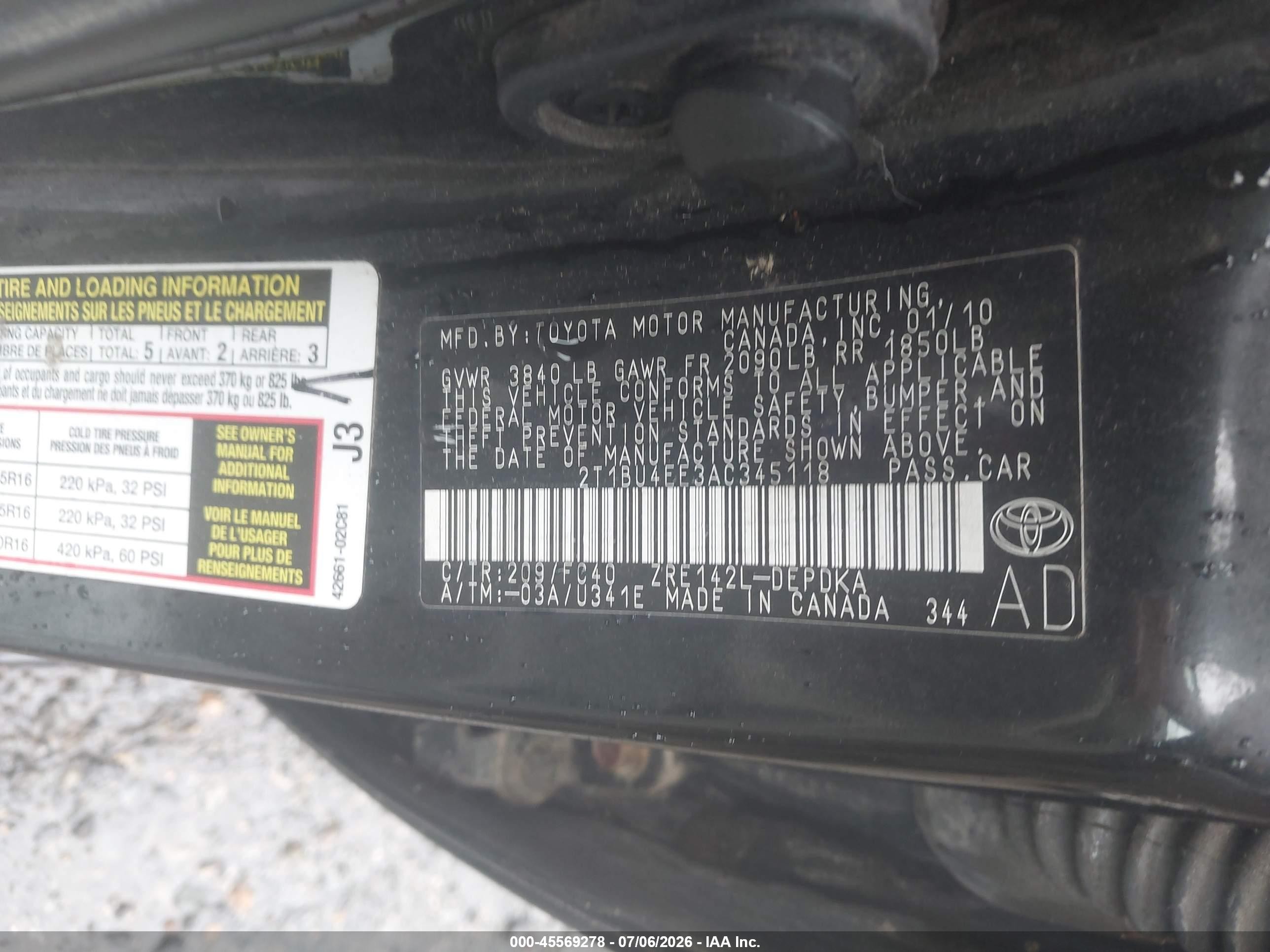 2010 Toyota Corolla Le Black vin: 2T1BU4EE3AC345118