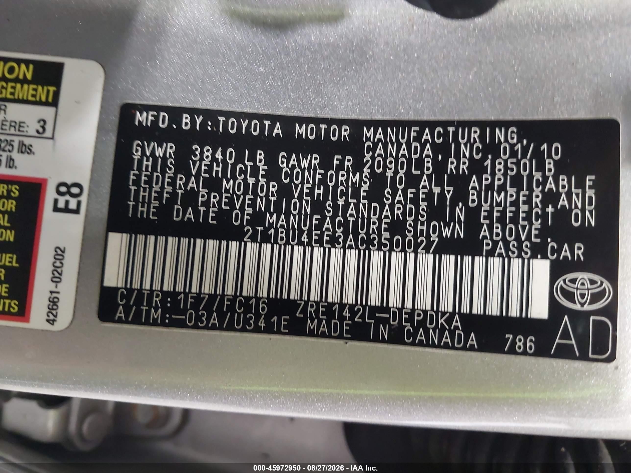 2010 Toyota Corolla Le Gray vin: 2T1BU4EE3AC350027