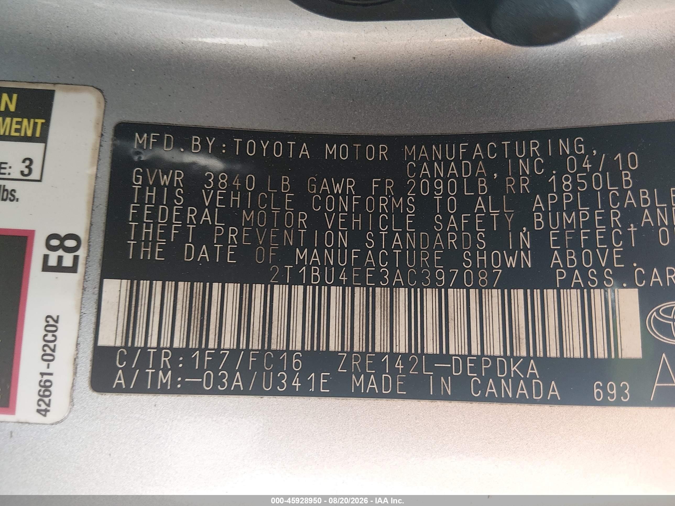 2010 Toyota Corolla Le Silver vin: 2T1BU4EE3AC397087