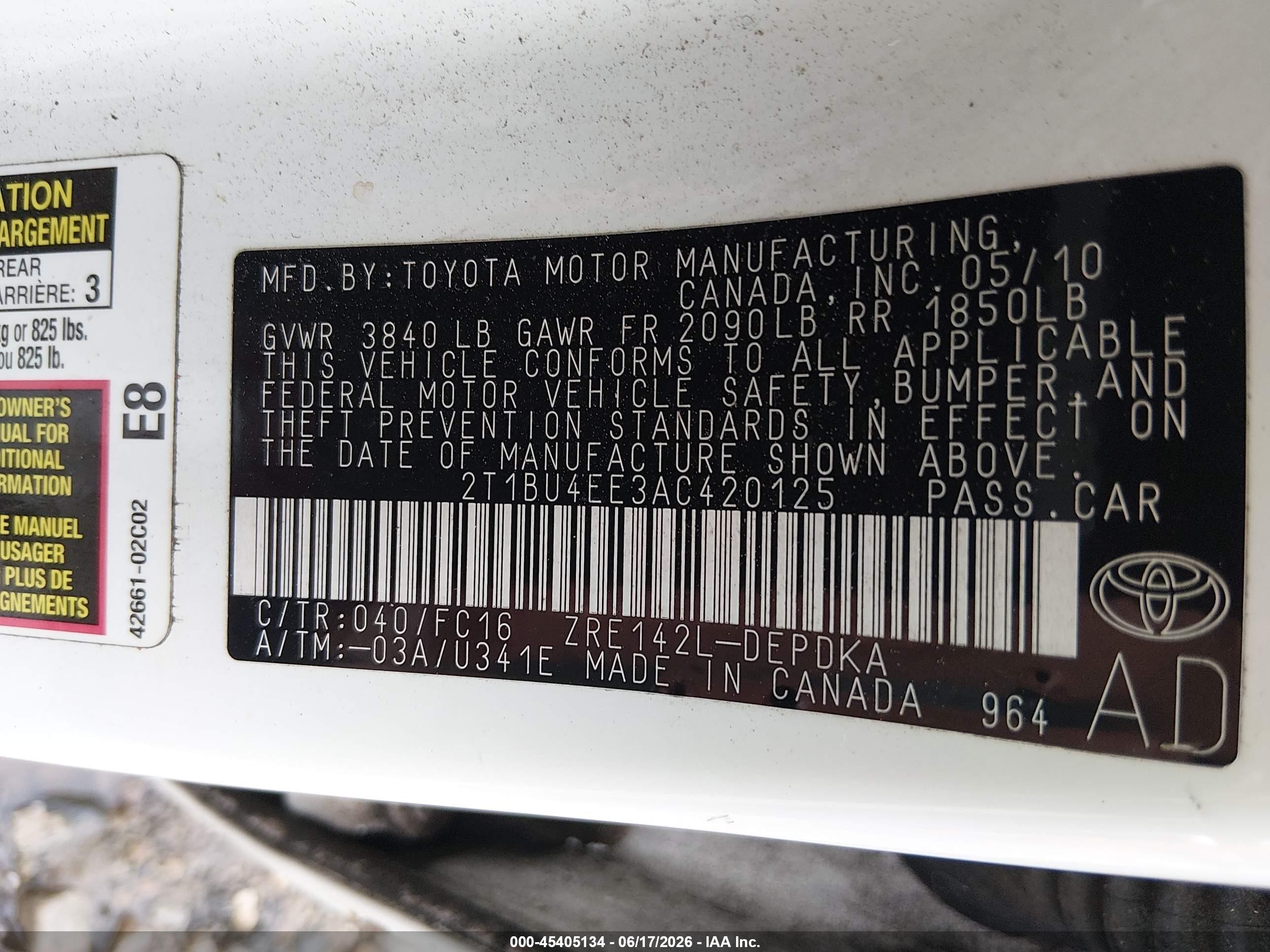 2010 Toyota Corolla Le White vin: 2T1BU4EE3AC420125