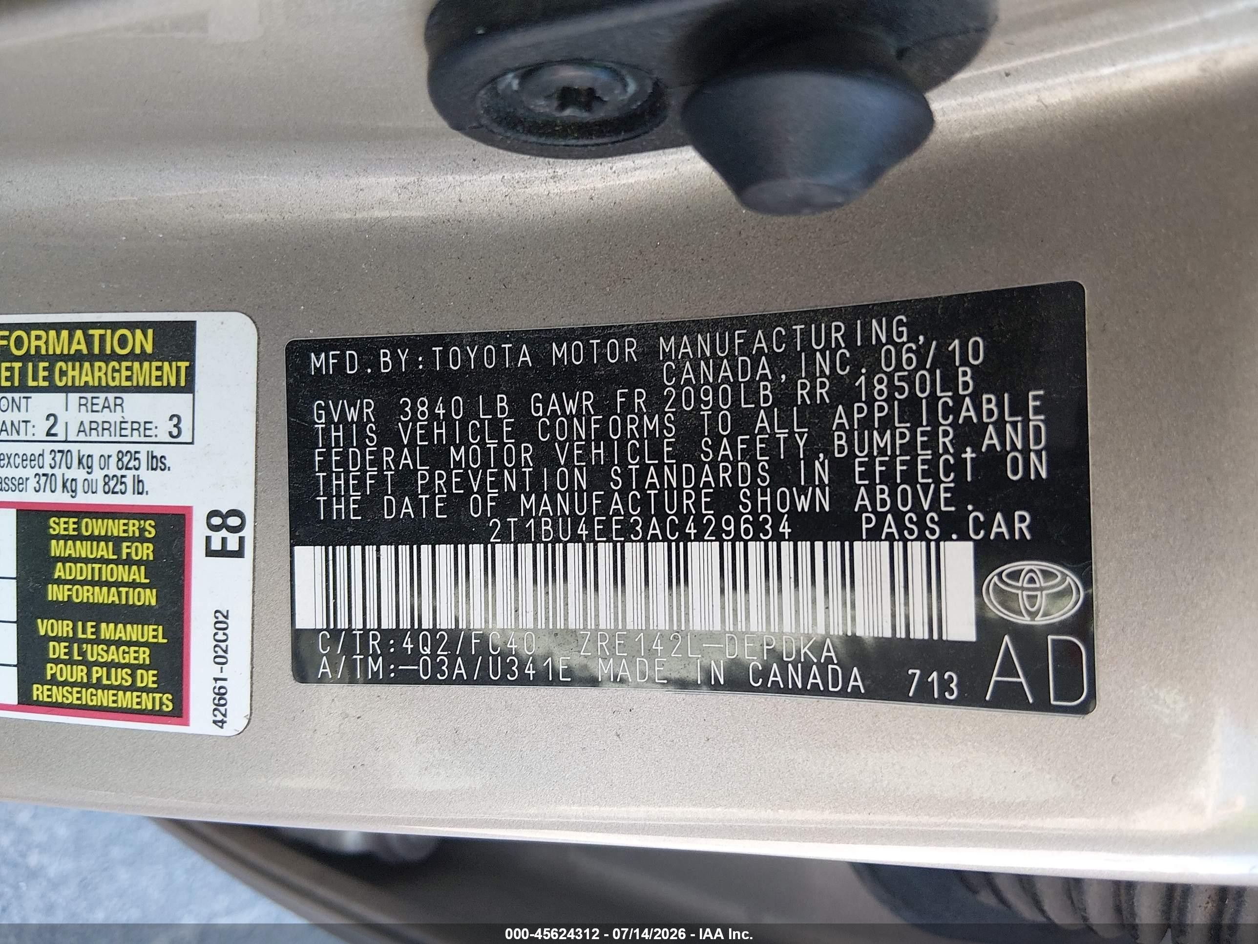 2010 Toyota Corolla Le Gold vin: 2T1BU4EE3AC429634