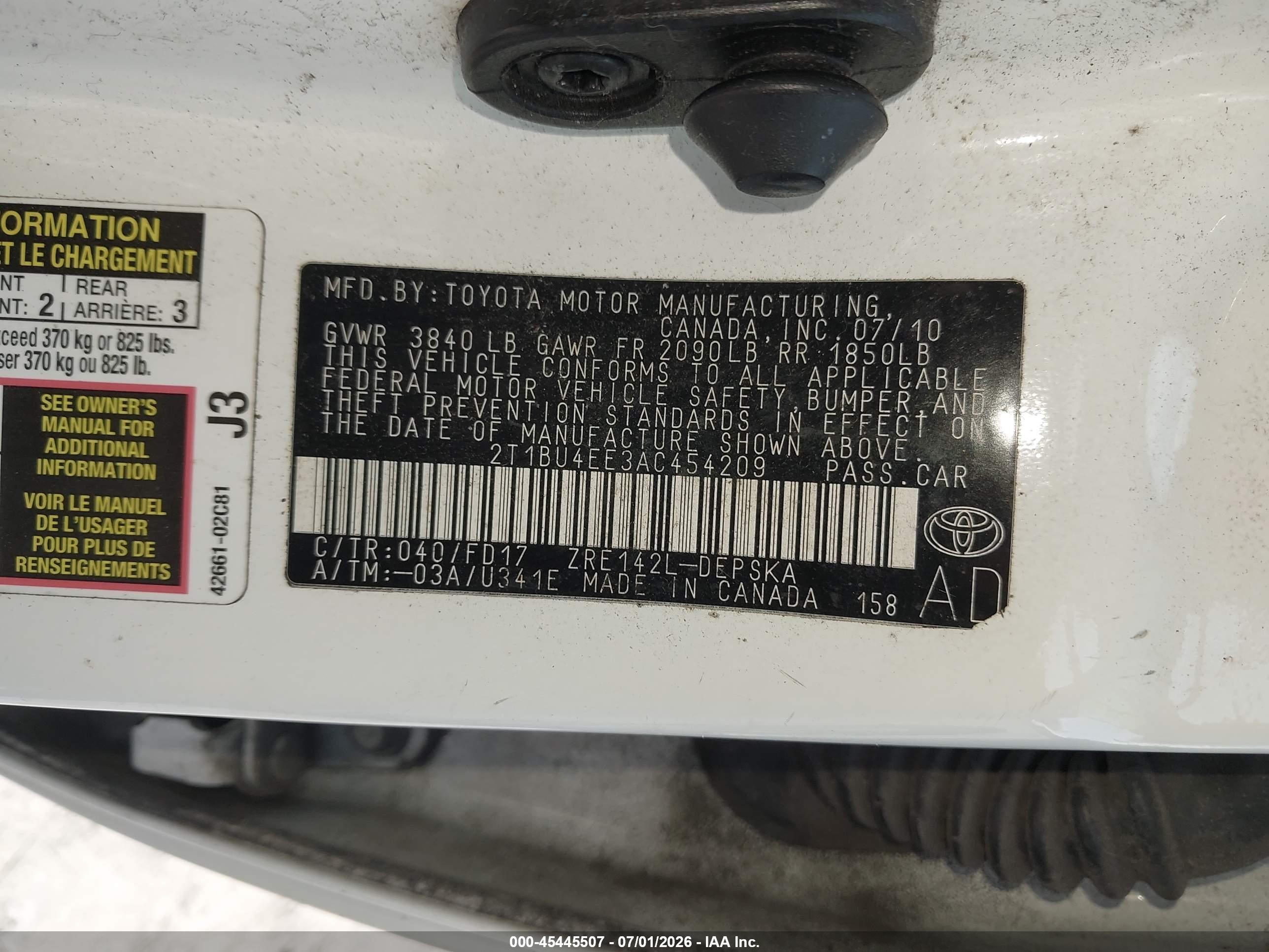 2010 Toyota Corolla S White vin: 2T1BU4EE3AC454209