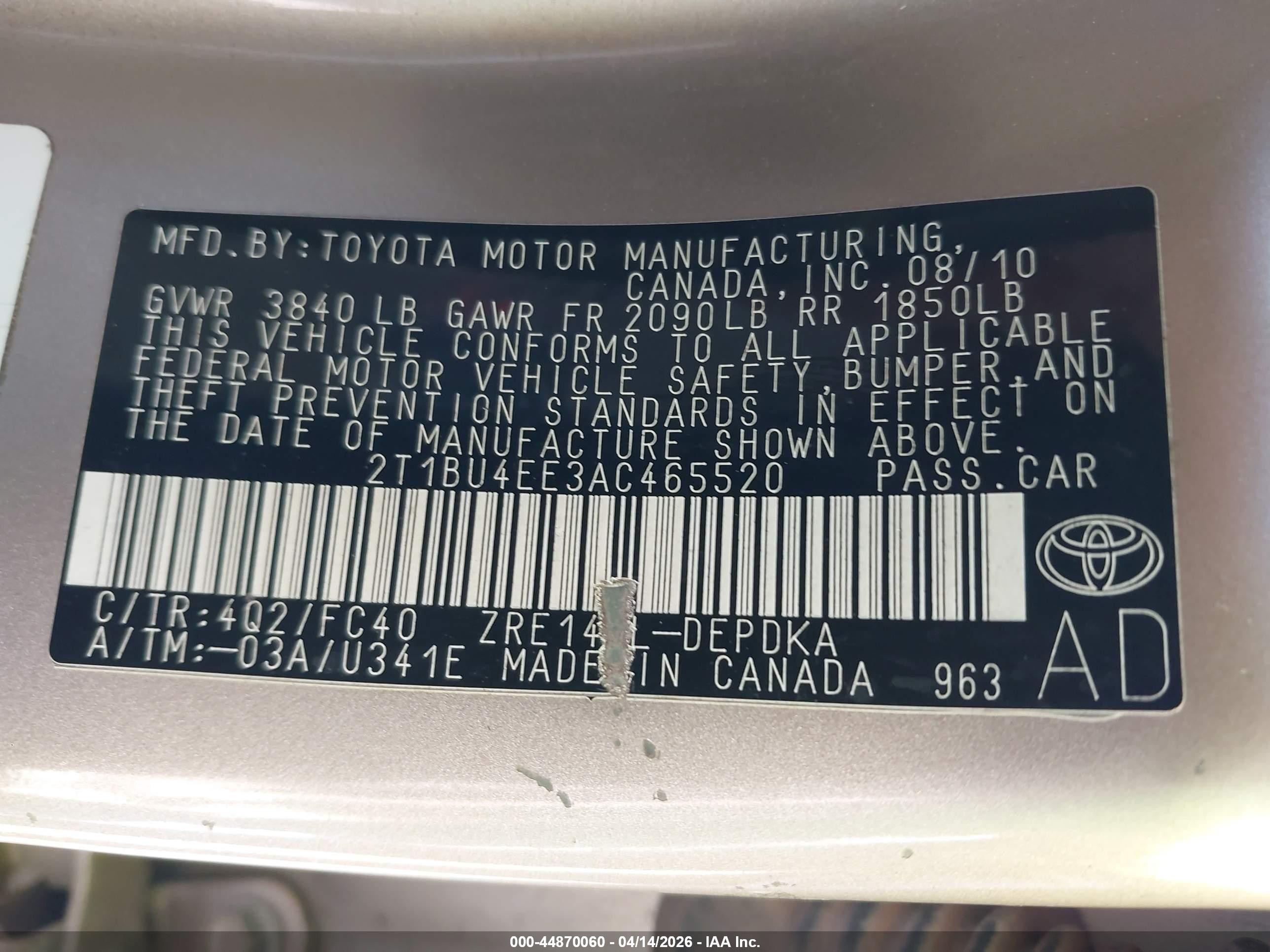 2010 Toyota Corolla Le Золотой vin: 2T1BU4EE3AC465520