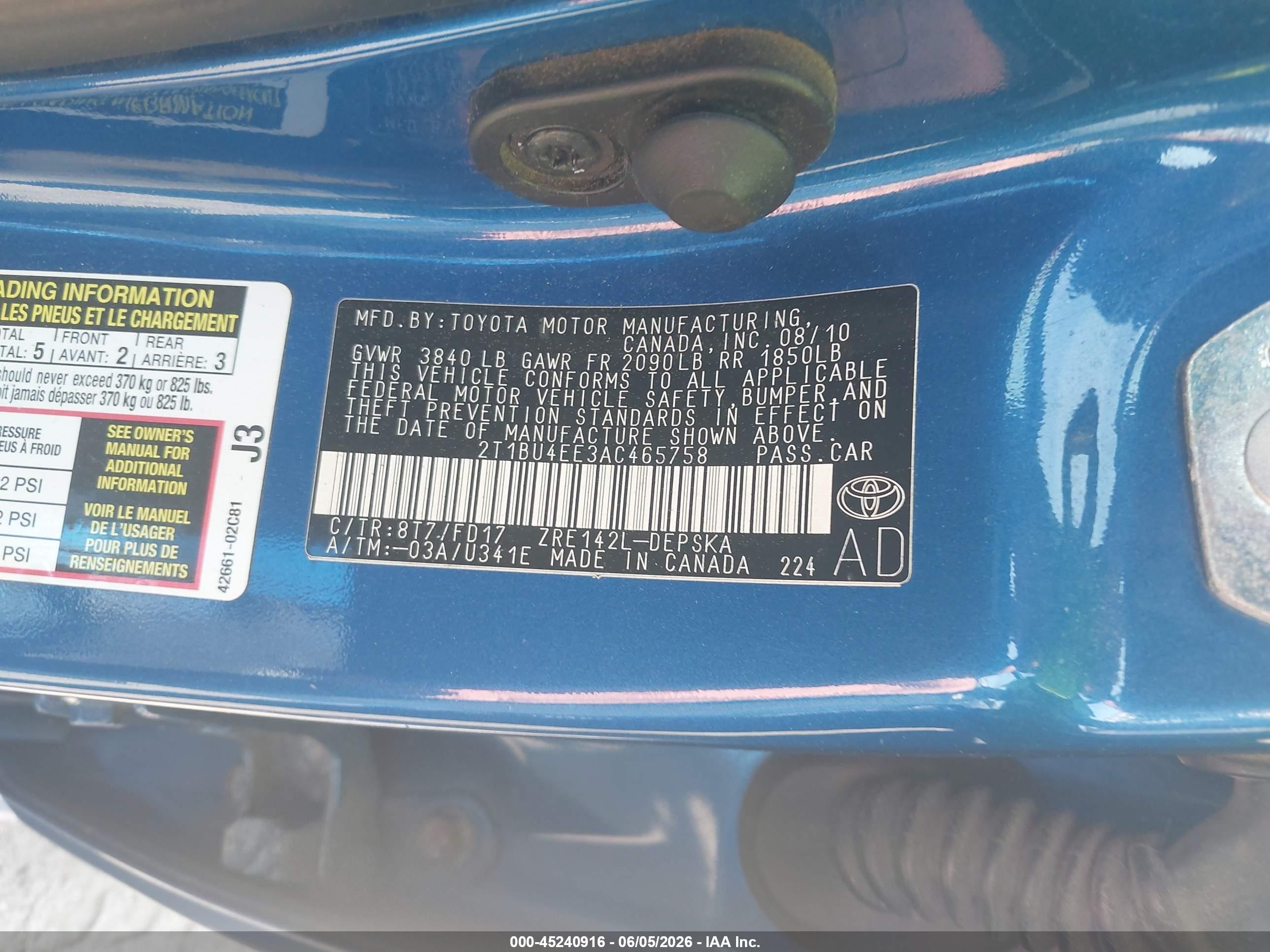 2010 Toyota Corolla S Синий vin: 2T1BU4EE3AC465758