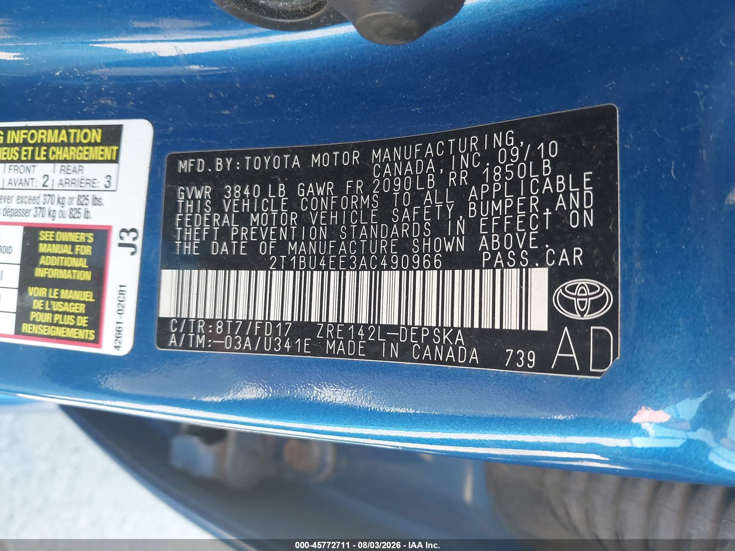 2010 Toyota Corolla S Blue vin: 2T1BU4EE3AC490966