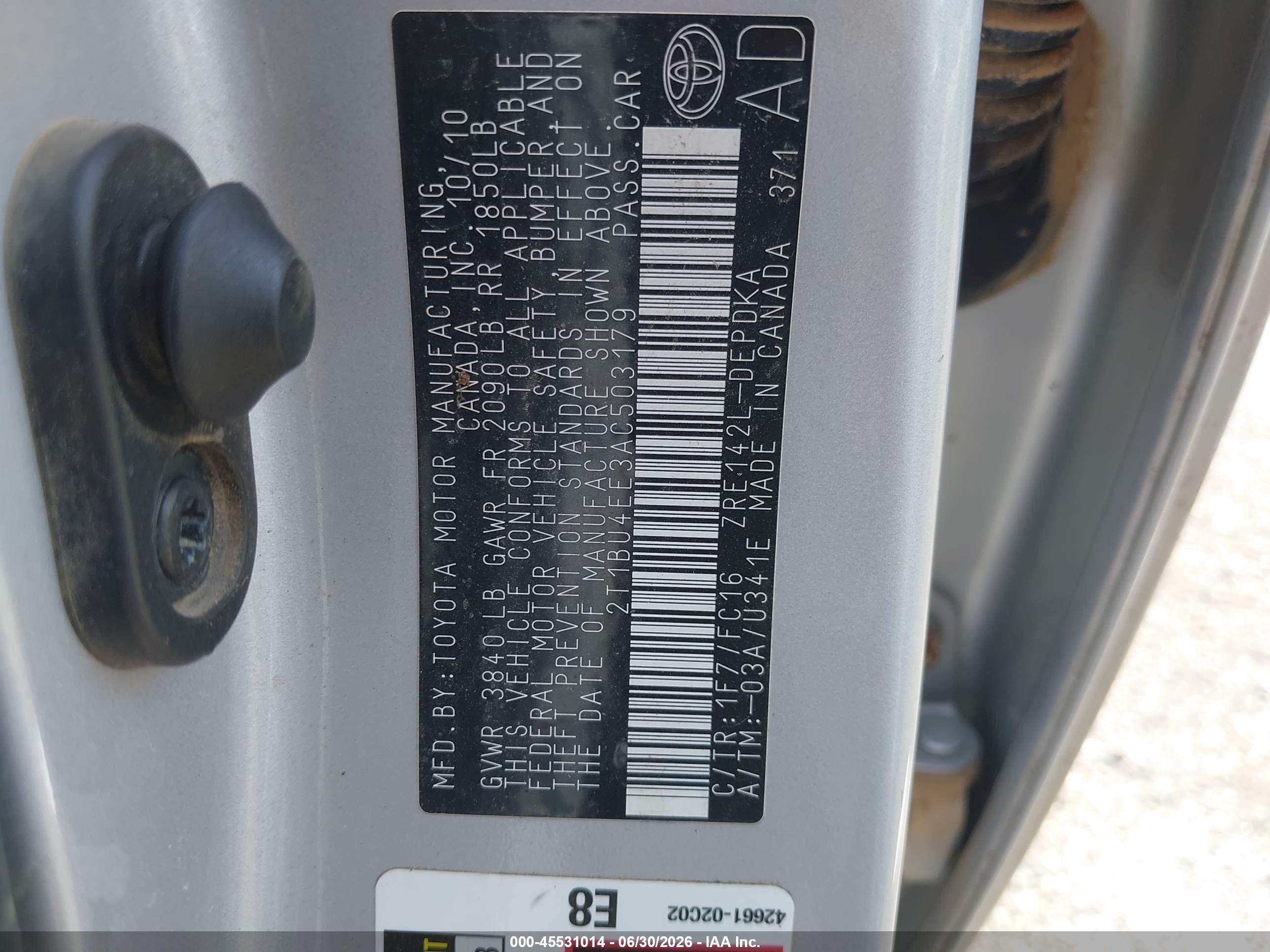 2010 Toyota Corolla Le Silver vin: 2T1BU4EE3AC503179