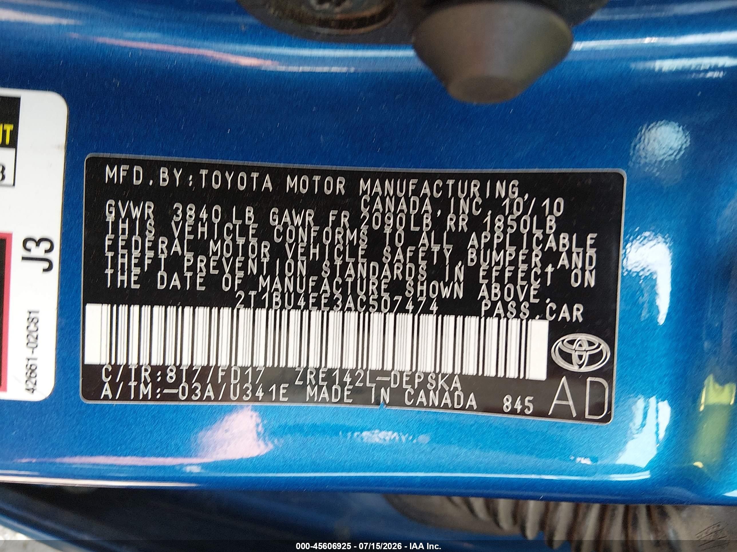 2010 Toyota Corolla S Blue vin: 2T1BU4EE3AC507474