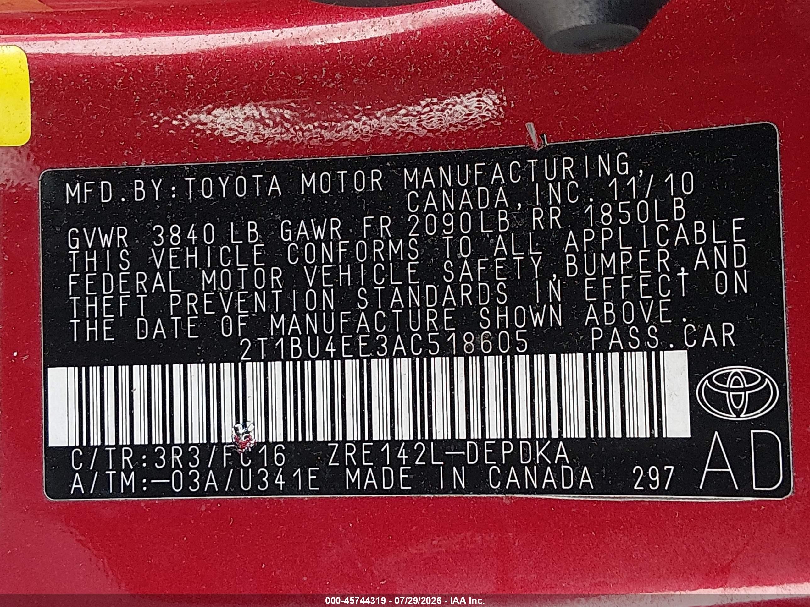 2010 Toyota Corolla Le Burgundy vin: 2T1BU4EE3AC518605