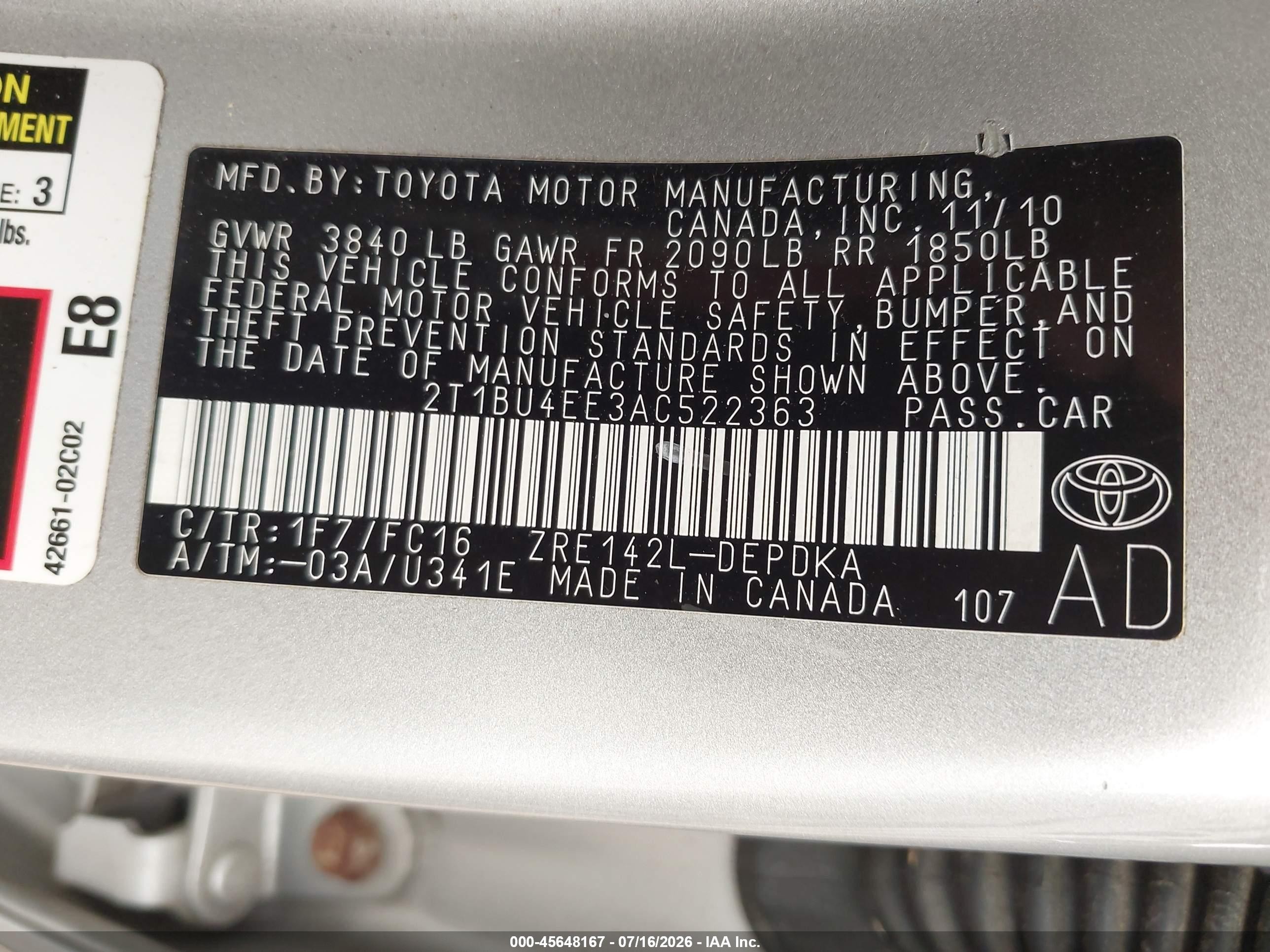 2010 Toyota Corolla Le Silver vin: 2T1BU4EE3AC522363