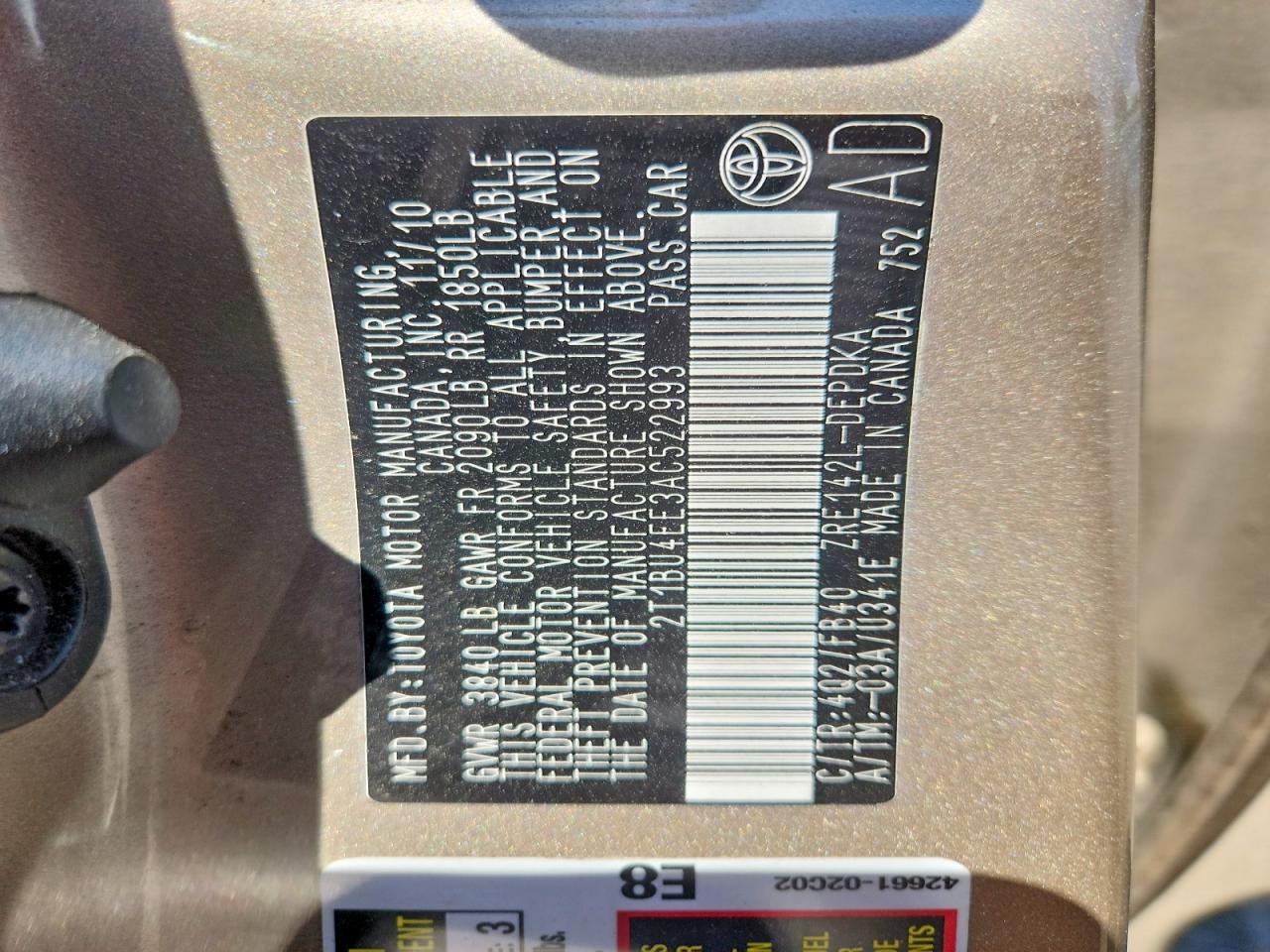 2010 Toyota Corolla Base Tan vin: 2T1BU4EE3AC522993