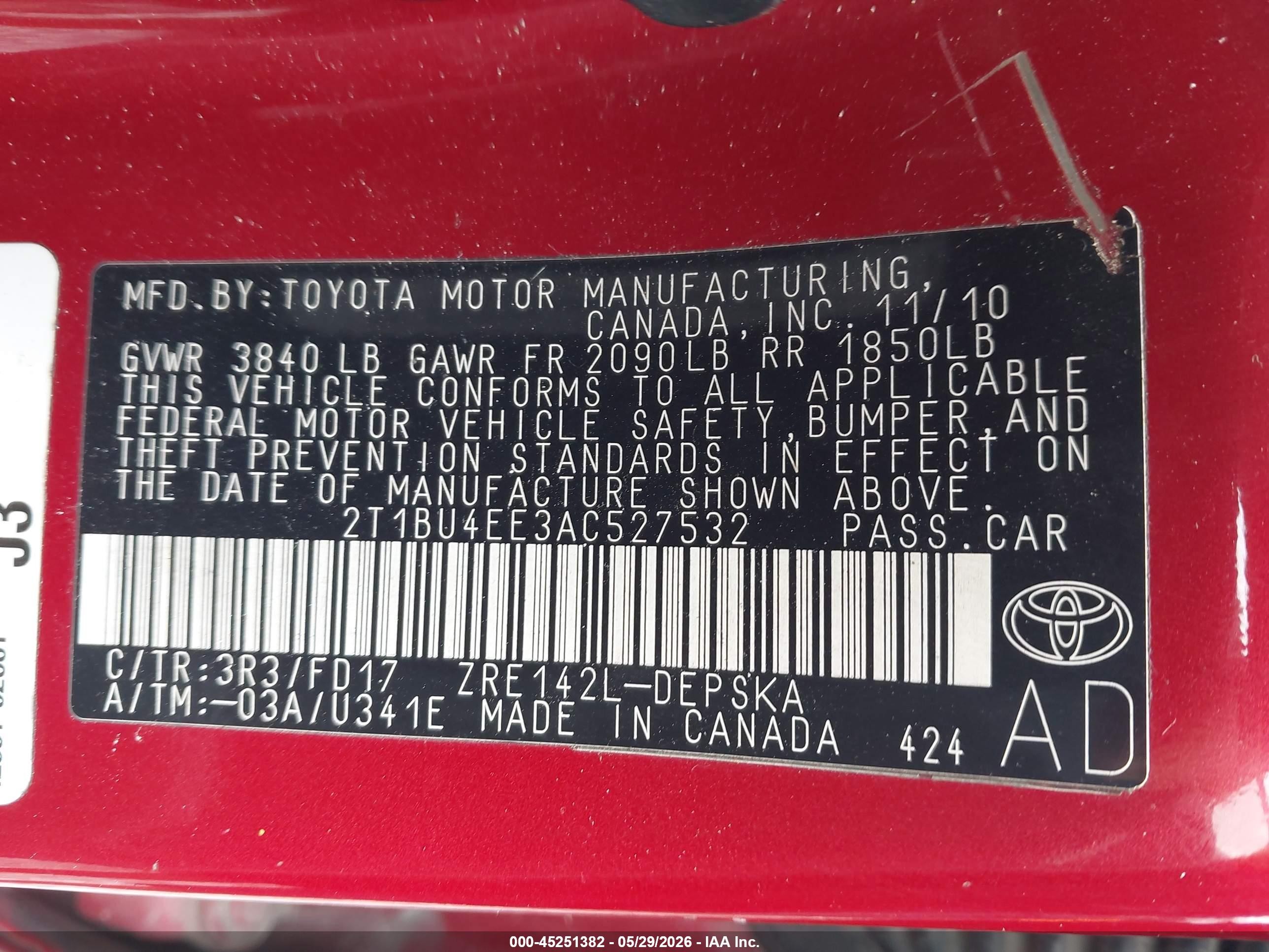 2010 Toyota Corolla S Red vin: 2T1BU4EE3AC527532