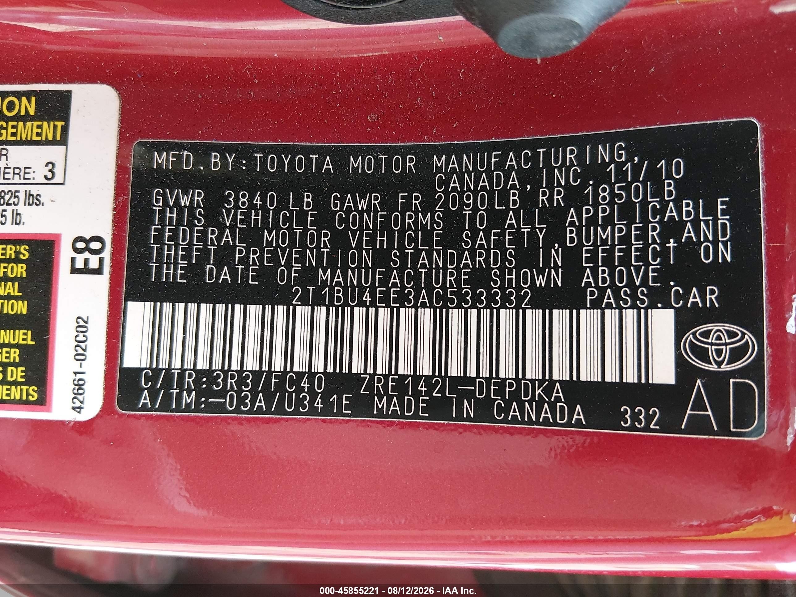 2010 Toyota Corolla Le Красный vin: 2T1BU4EE3AC533332