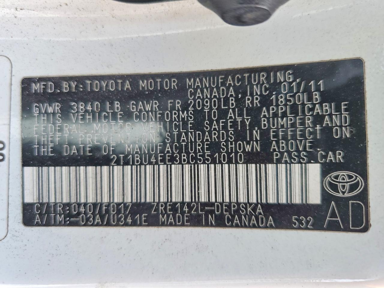 2011 Toyota Corolla S White vin: 2T1BU4EE3BC551010