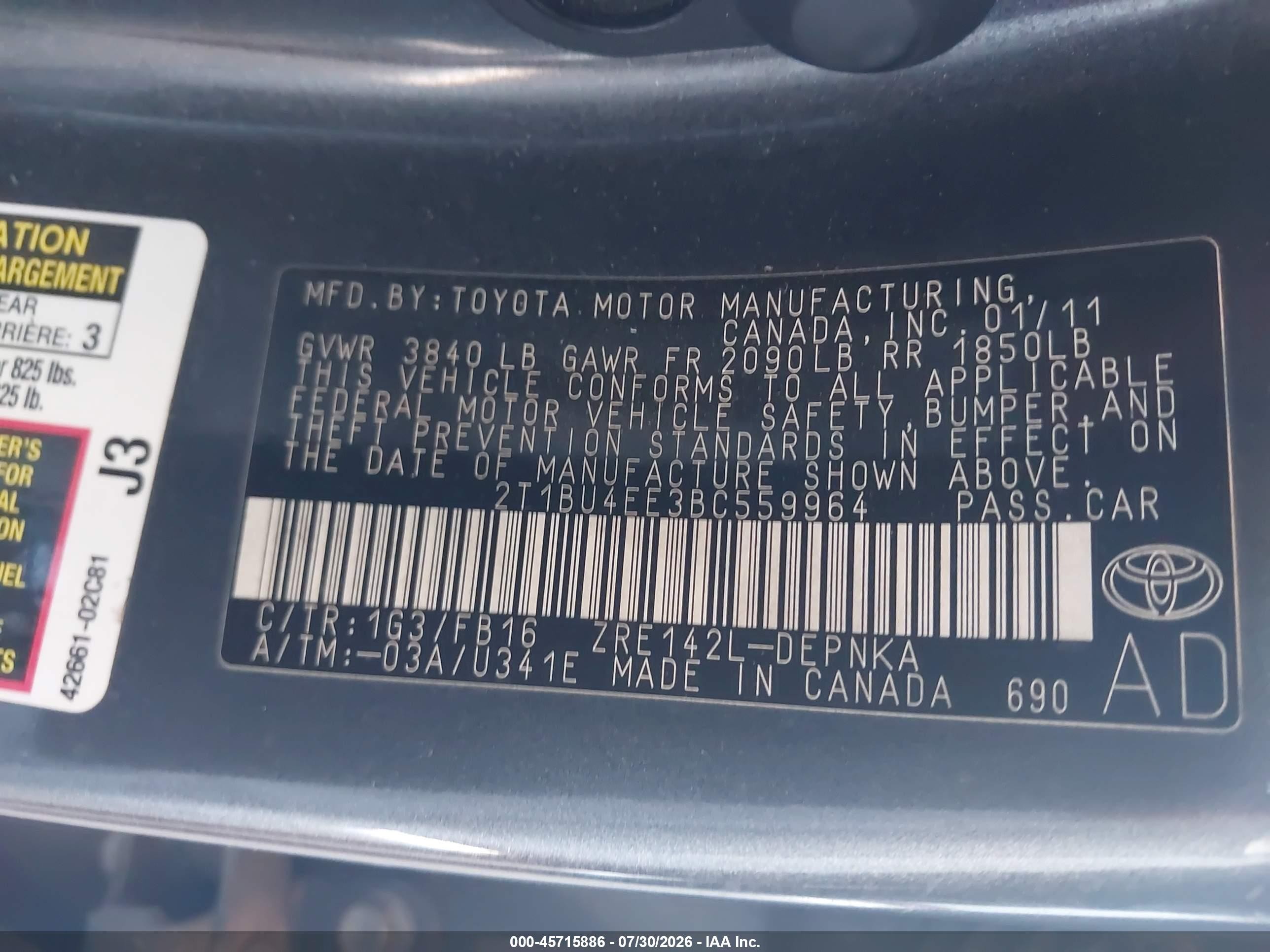 2011 Toyota Corolla Le Gray vin: 2T1BU4EE3BC559964
