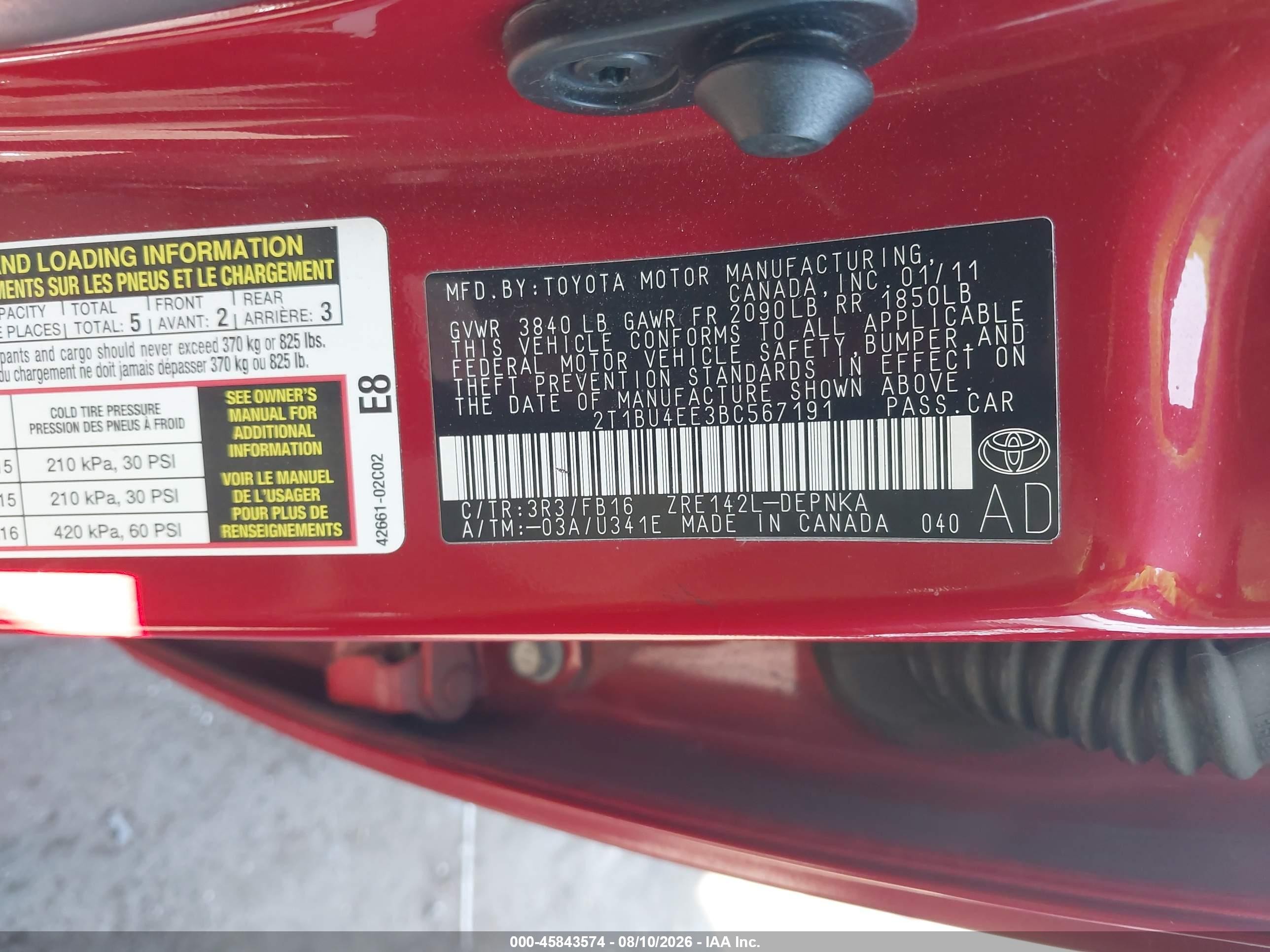 2011 Toyota Corolla Le Red vin: 2T1BU4EE3BC567191