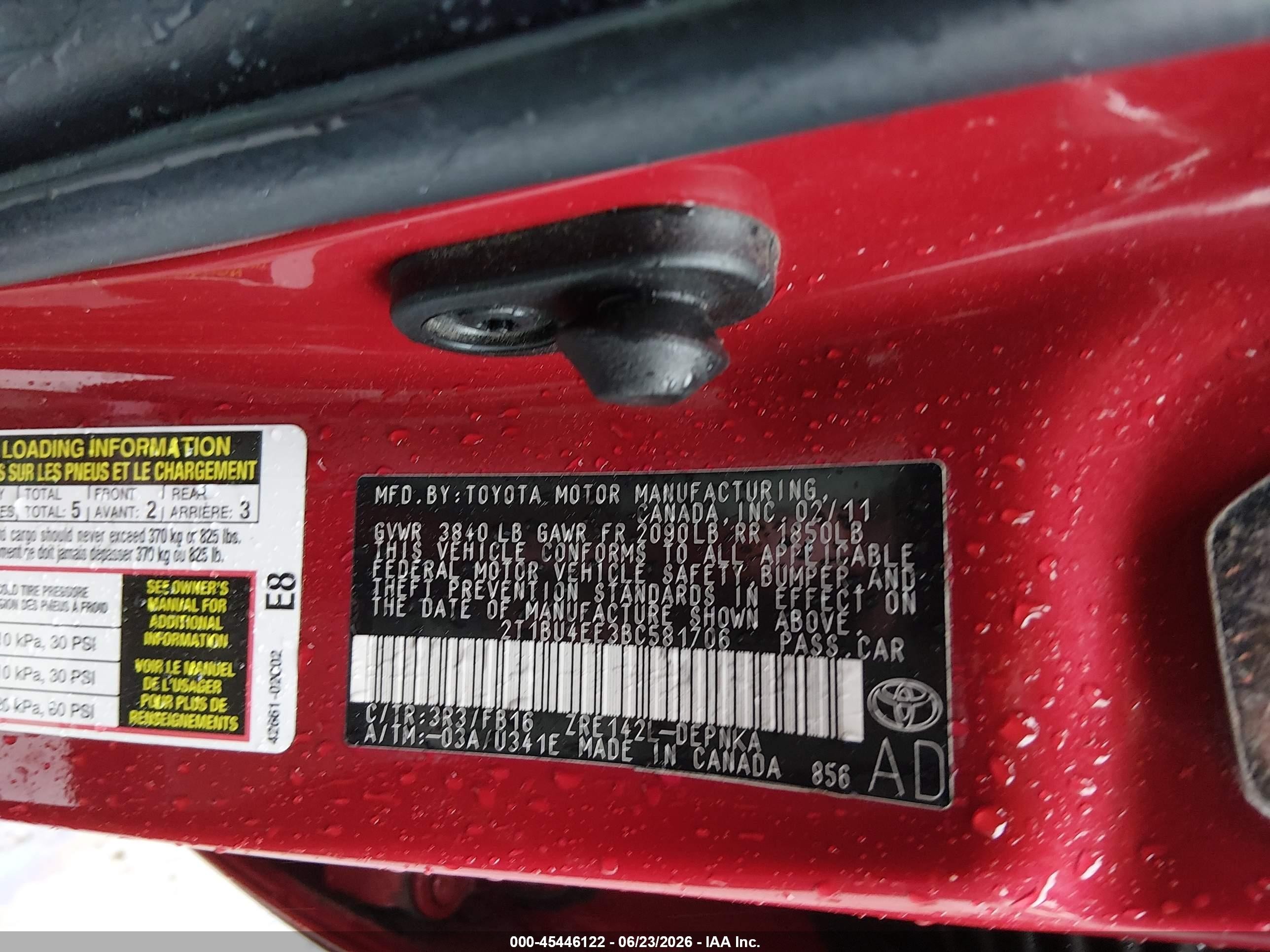 2011 Toyota Corolla Le Red vin: 2T1BU4EE3BC581706